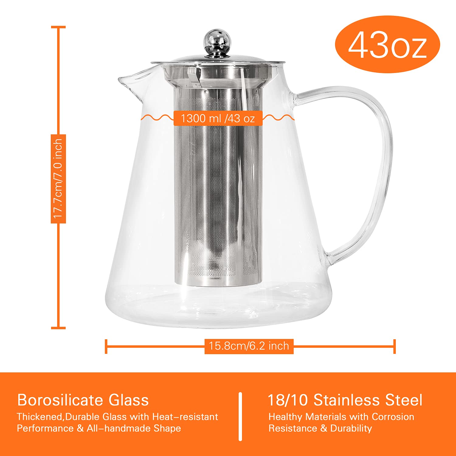 Glass Teapot with Stainless Steel Infuser,for Blooming Tea, Loose Tea, (43oz,1.3L) Holds 4-6 Cups, JOYEUX Glass Tea Pot Set, Stovetop & Dishwasher Safe