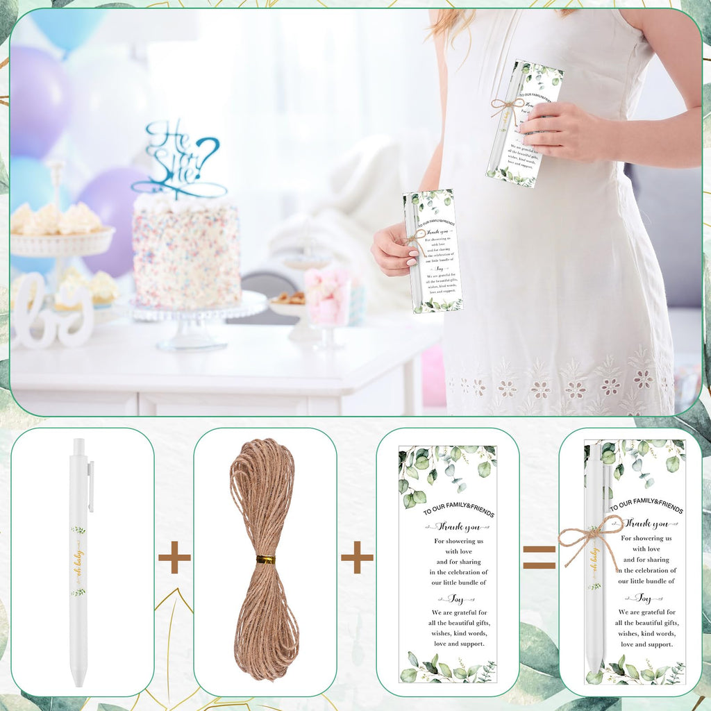 PIAOPIAONIU 36 Sets Baby Shower Favors for Guests Oh Baby Plastic Ballpoint Pens Thank You Cards with Hemp Rope for Gender Reveal Party Game Prizes Souvenirs (Greenery)