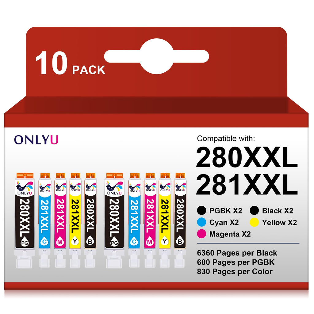 ONLYU Compatible Ink Cartridge Replacement for Canon 280 281 PGI 280 XXL CLI 281 XXL for PIXMA TR8520 TR7520 TS6120 TS6220 TS6320 TS8120 TS8220 TS9120 TS9520 TS9521C TS702 Printer (10 Pack)