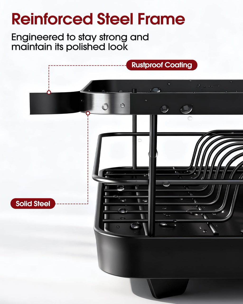 Sakugi Dish Drying Rack - Compact Dish Racks with Drain Board for Kitchen Counter, Durable Stainless Steel Dish Rack Used in Sink & on Countertop, Dark Black, Large
