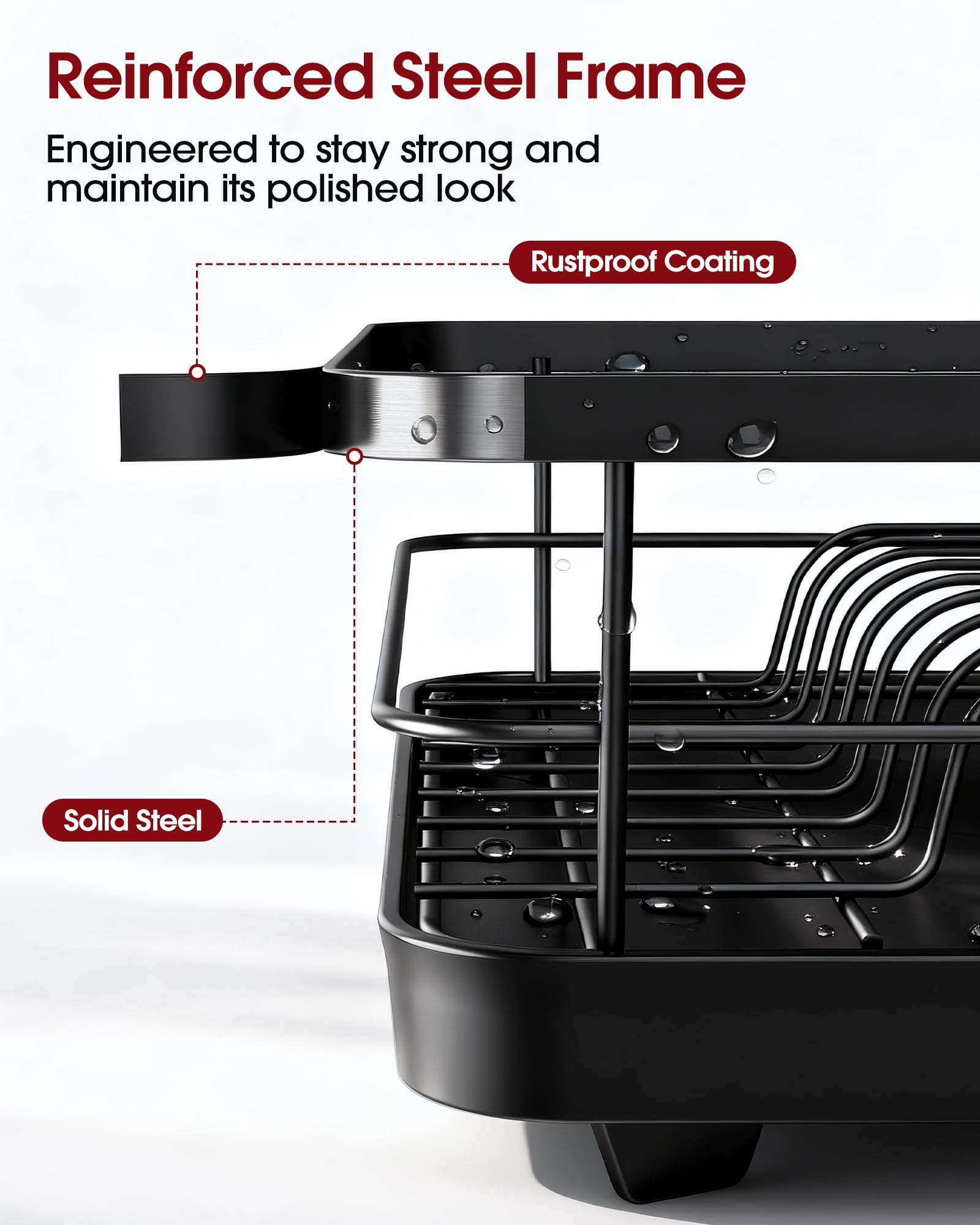 Sakugi Dish Drying Rack - Compact Dish Racks with Drain Board for Kitchen Counter, Durable Stainless Steel Dish Rack Used in Sink & on Countertop, Dark Black, Large