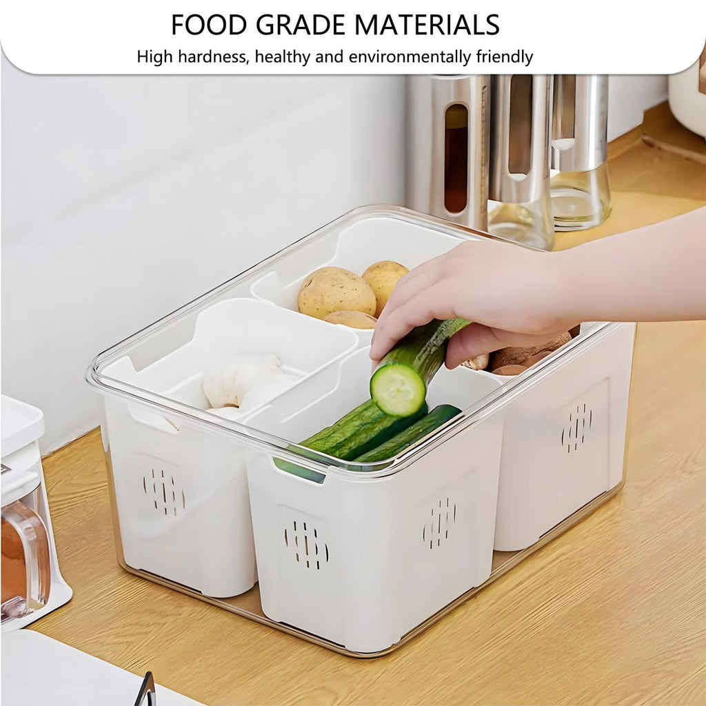 Fridge Organizer with Lids,4 Compartment Airtight Veggie Fruit Storage Containers for Fridge with Handle,Stackable Organizer,Fresh Produce Saver for Food and Storage for Fruit,Veggie