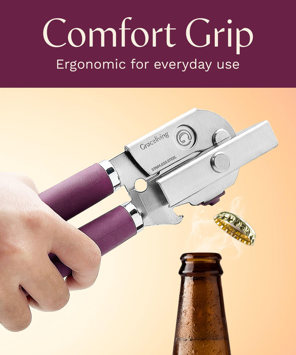 Graceliving Premium Multifunction Magnetic Manual Can Opener and Bottle Opener, Heavy Duty Stainless Steel Sharp Cutting Blade and Oversized Easy Turn Knob, Soft-Touch Handle, Kitchen Use, Mauve