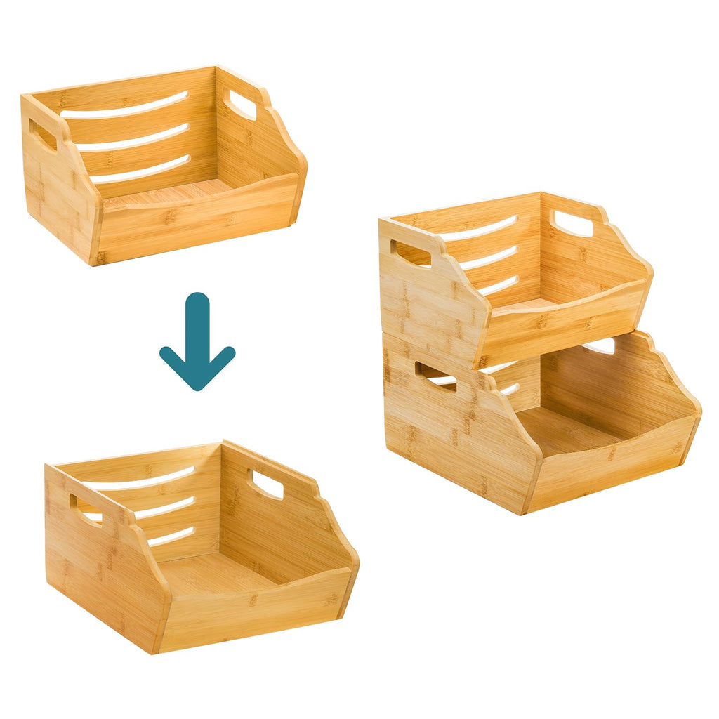 Cididu 2 Pack Bamboo Stackable Storage Bin, Countertop Open Front Stacking Bins, 2 Tier Organize Basket Box with Handle, Food Fruit Container for Cabinet, Kitchen, Studio, Office