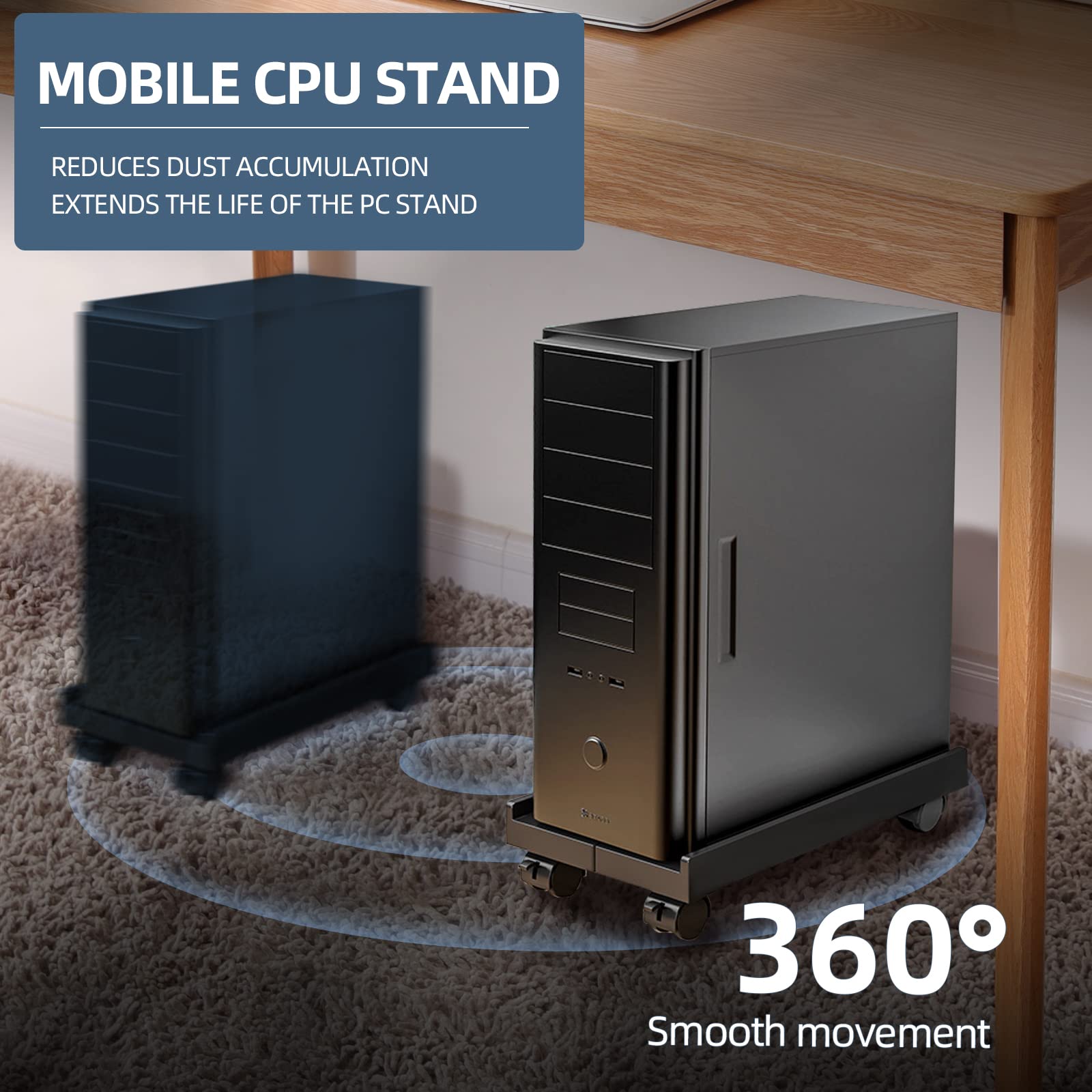 Hovadova Adjustable Mobile CPU Stand, Ventilated Computer Tower Stand with 4 Caster Wheels Fits Most PC Tower, Under Desk CPU Holder PC Floor Cart Computer Riser for Students and Gamers (Black)