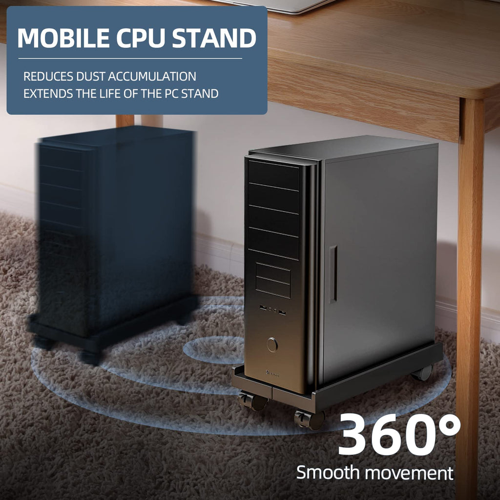 Hovadova Adjustable Mobile CPU Stand, Ventilated Computer Tower Stand with 4 Caster Wheels Fits Most PC Tower, Under Desk CPU Holder PC Floor Cart Computer Riser for Students and Gamers