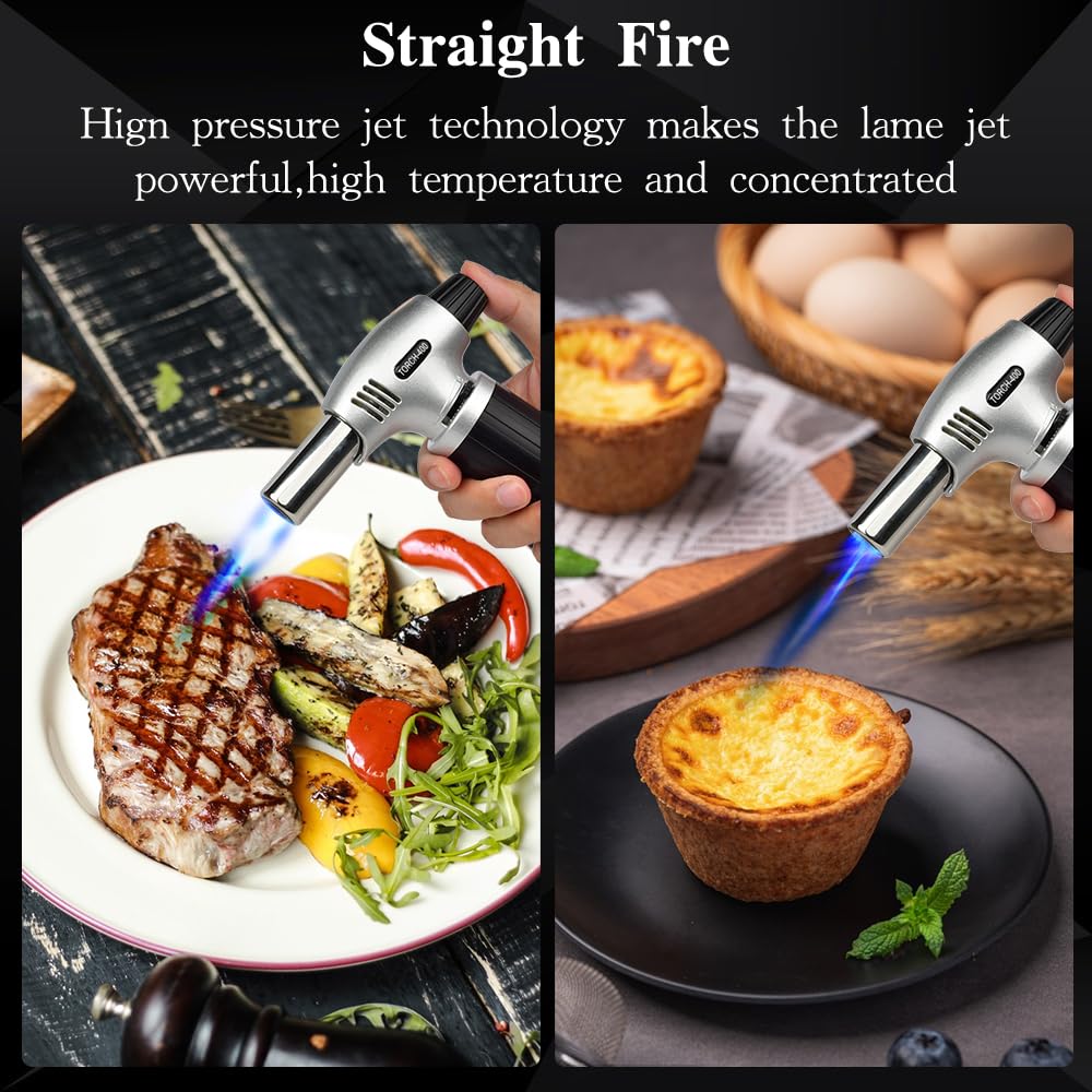Butane Torch, Professional Culinary Torch Lighter, Blow Torch Refillable Portable, Kitchen Torch with Safety Lock and Adjustable Flame for Desserts BBQ Baking Camping (Butane Gas not Included)