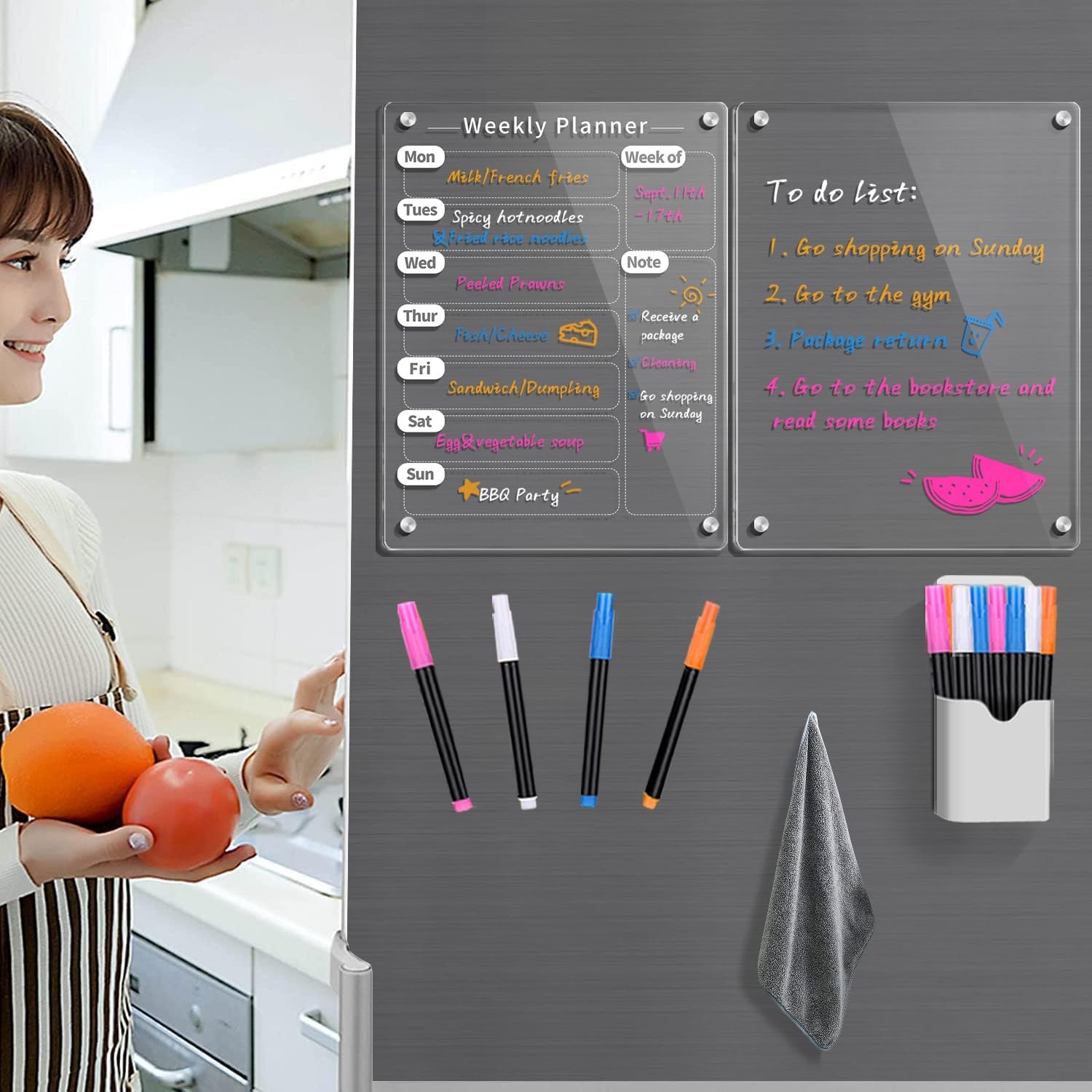 2 Pcs Magnetic Weekly Calendar for Fridge,9x12 Acrylic Magnet Dry Erase Board, Small Week Meal Planner Board for Refrigerator, Clear Whiteboard Calendar Includes 4 Colors Markers and Pen Container