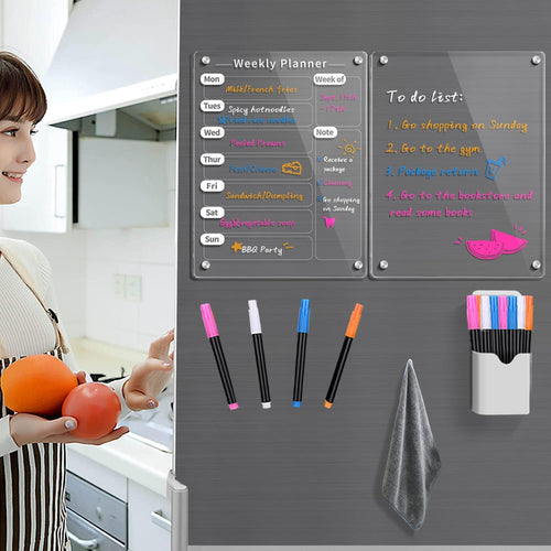 2 Pcs Magnetic Weekly Calendar for Fridge,9x12 Acrylic Magnet Dry Erase Board, Small Week Meal Planner Board for Refrigerator, Clear Whiteboard Calendar Includes 4 Colors Markers and Pen Container