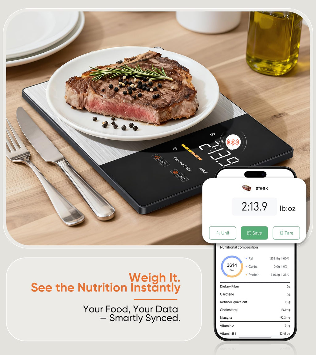 Smart Nutrition Food Scale for Cooking,1g Precision Digital Kitchen Scale with Nutritional Calculator app Tracking Calories, Fat, 23 Nutrients for Diet Cooking & Healthy Meals with LED Display