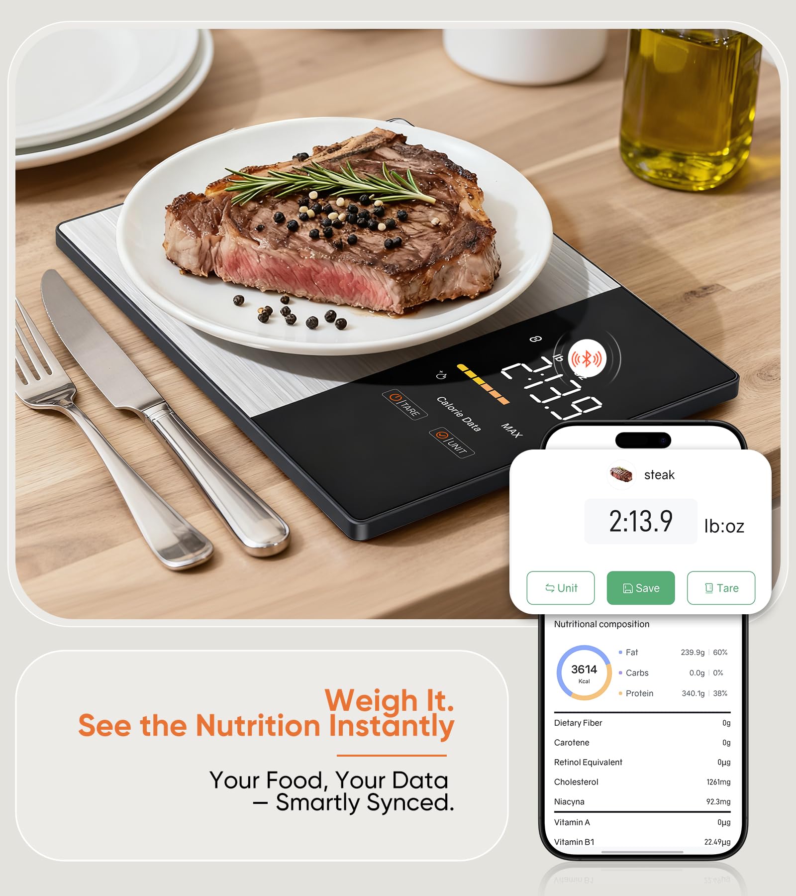 Smart Nutrition Food Scale for Cooking,1g Precision Digital Kitchen Scale with Nutritional Calculator app Tracking Calories, Fat, 23 Nutrients for Diet Cooking & Healthy Meals with LED Display