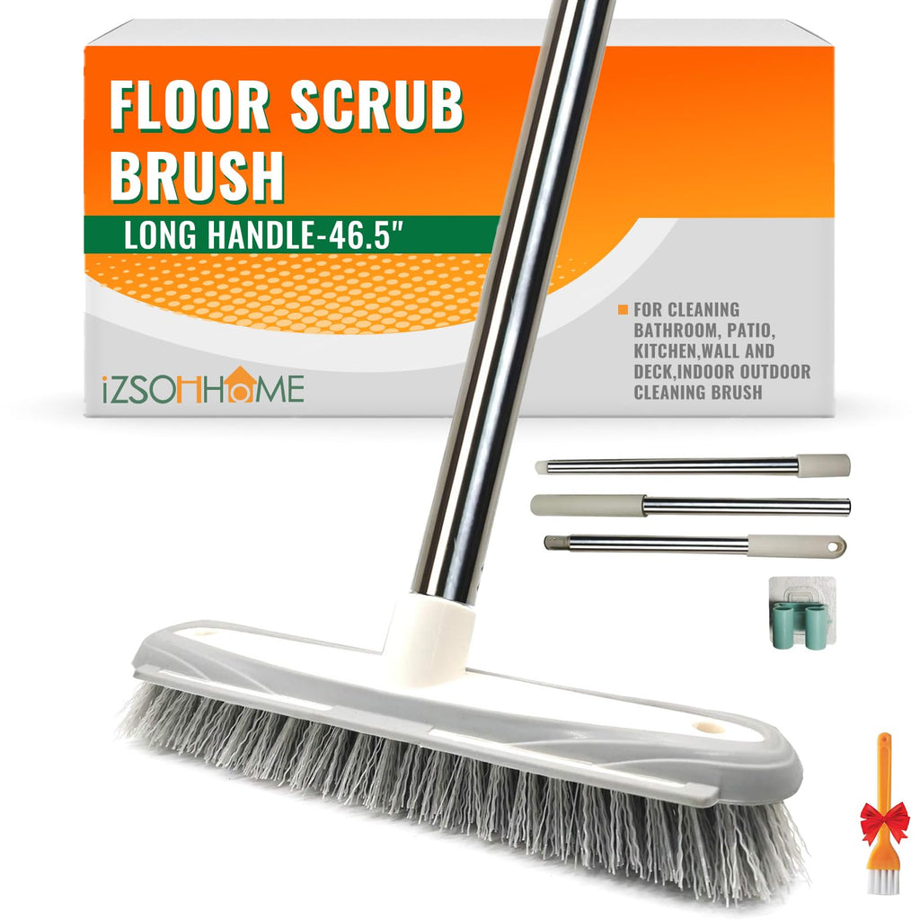 IZSOHHOME Deck Scrub Brush,Push Broom,Tub Floor Tile Broom Brush,Heavy Duty Stiff Bristles Grout Scrubber with Scraper,for Cleaning Bathroom, Patio, Kitchen,Wall and Deck,Indoor Outdoor Cleaning Brush,Adjustable Stainless Steel Long Handle-46.5"