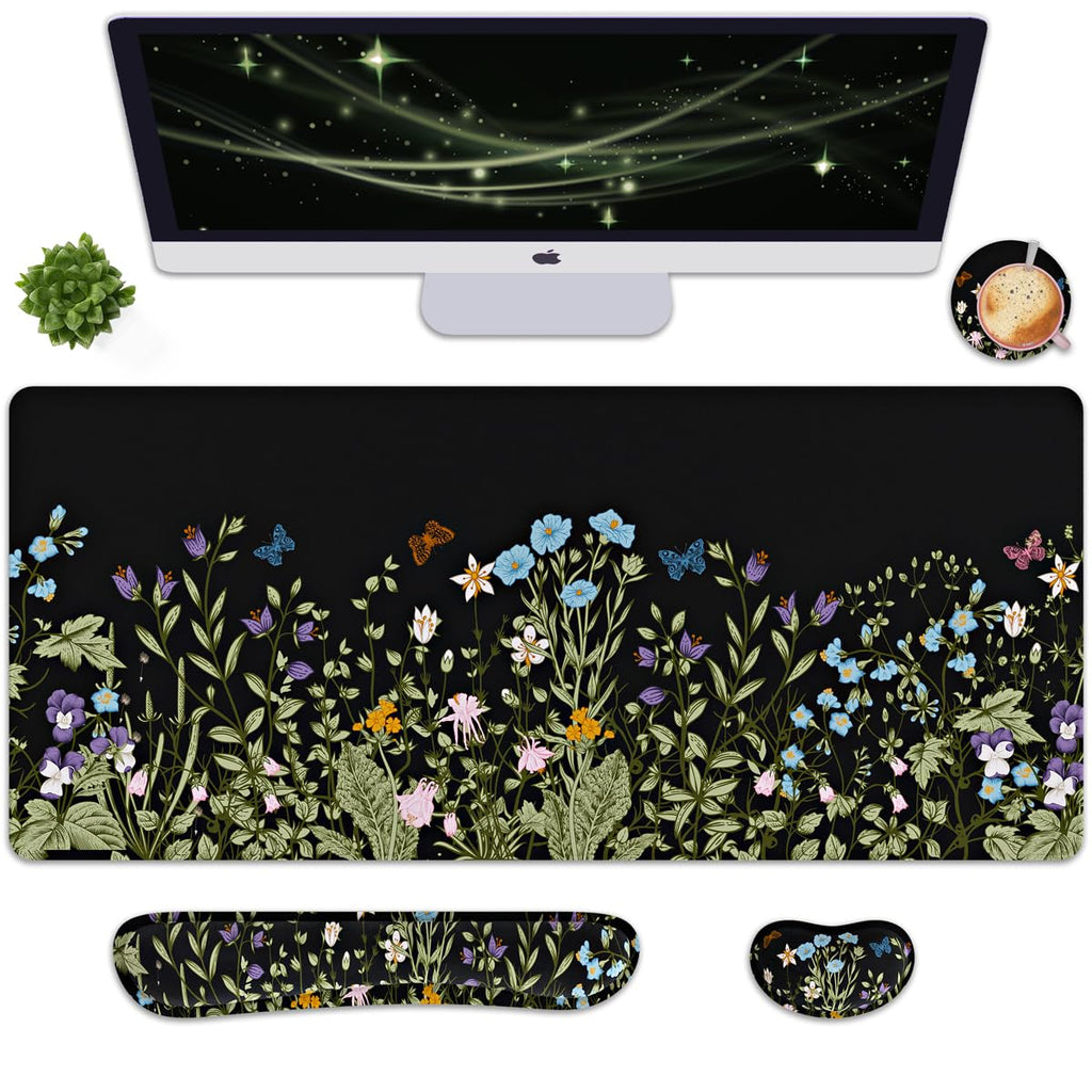 4 in 1 Extended Mouse Pad Set with Memory Foam Keyboard Wrist Rest, Mouse Wrist Cushion & Cute Coaster, Ergonomic Large Desk Pad for Home Office & Gaming (Wild Flowers)