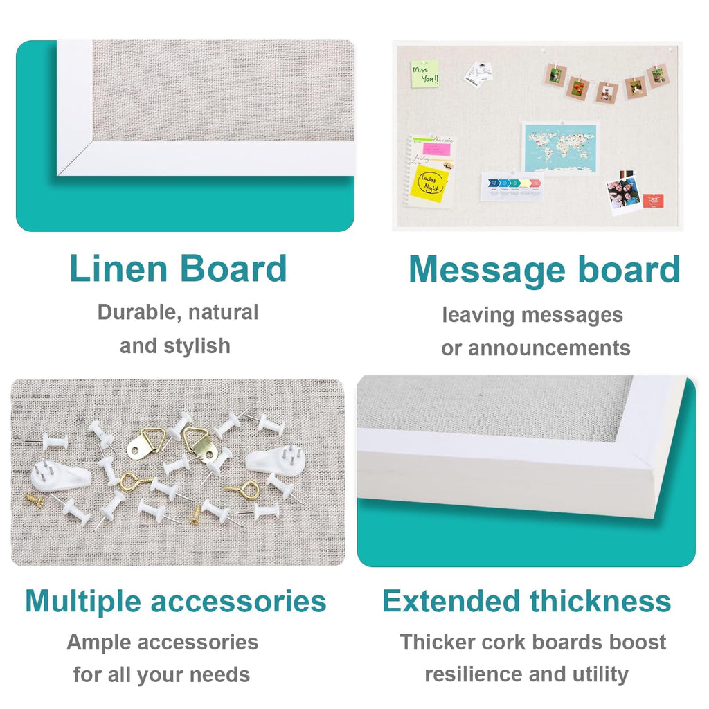 AMKIOKIO 24x36 Inch Linen Cork Board - Stylish Home Decor, Versatile Pinning Surface, Includes Hanging Kit, White-Framed