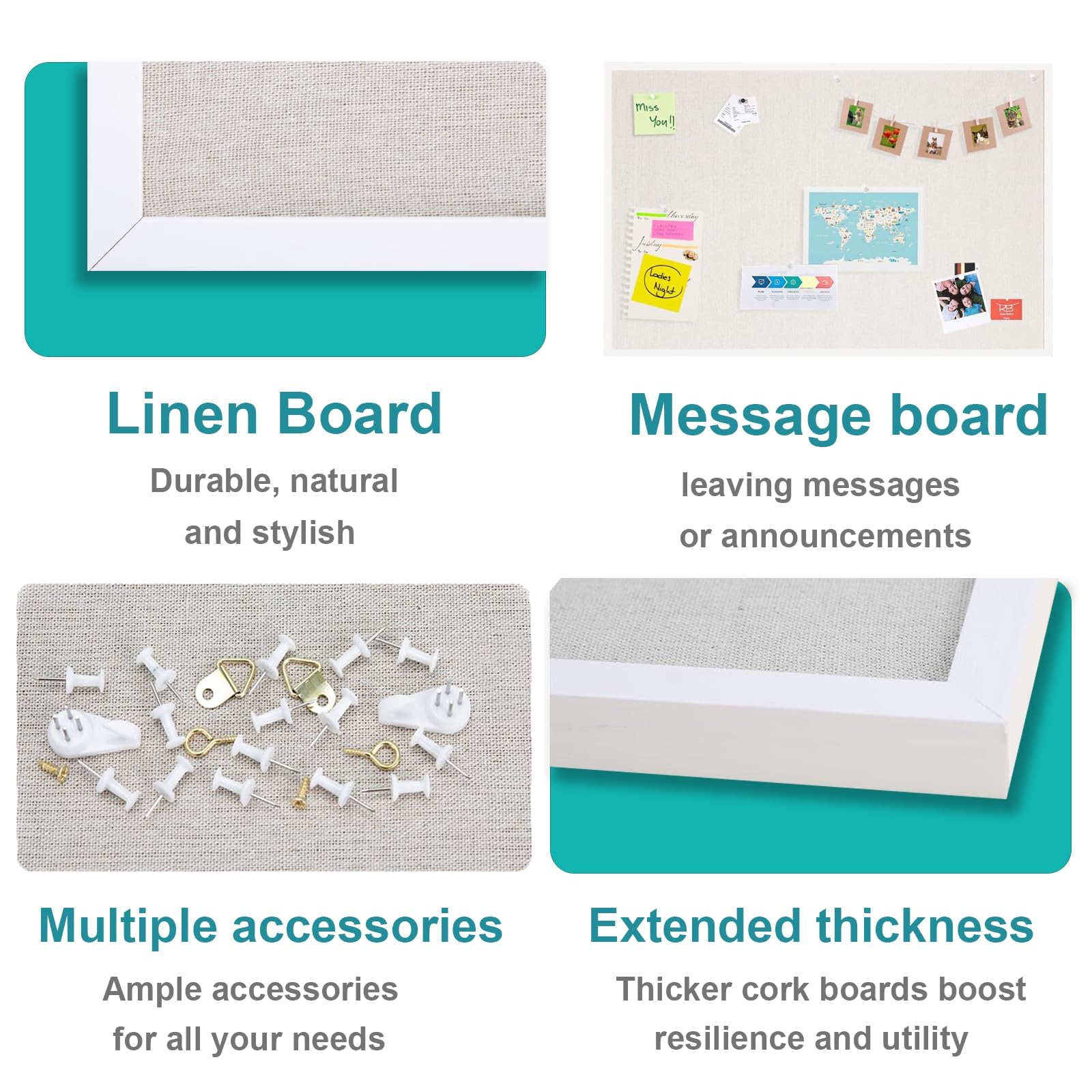 AMKIOKIO 24x36 Inch Linen Cork Board - Stylish Home Decor, Versatile Pinning Surface, Includes Hanging Kit, White-Framed