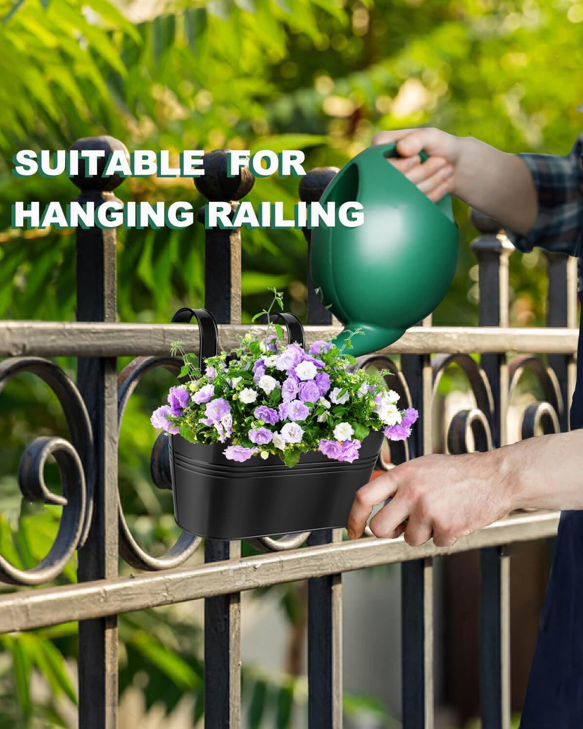 vensovo Metal Railing Planter for Outdoor Plants - 3 Pack Balcony Hanging Planter Box with Detachable Hooks and Drain Holes Oval Hanging Pots Fence Planters for Railing Garden Fence, Black