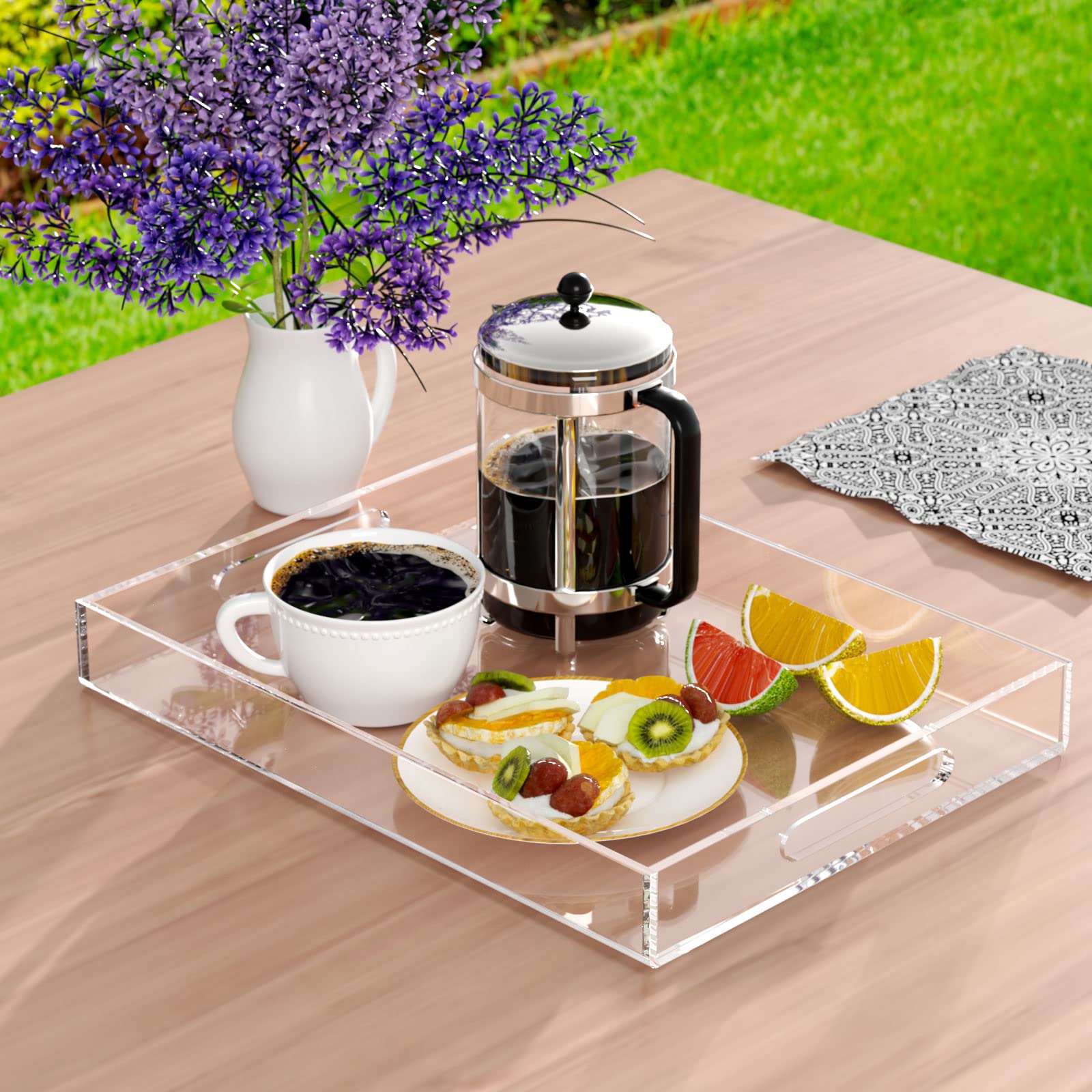 NIUBEE Clear Serving Tray 12"x16" -Spill Proof- Acrylic Decorative Tray Organiser for Ottoman Coffee Table Countertop with Handles