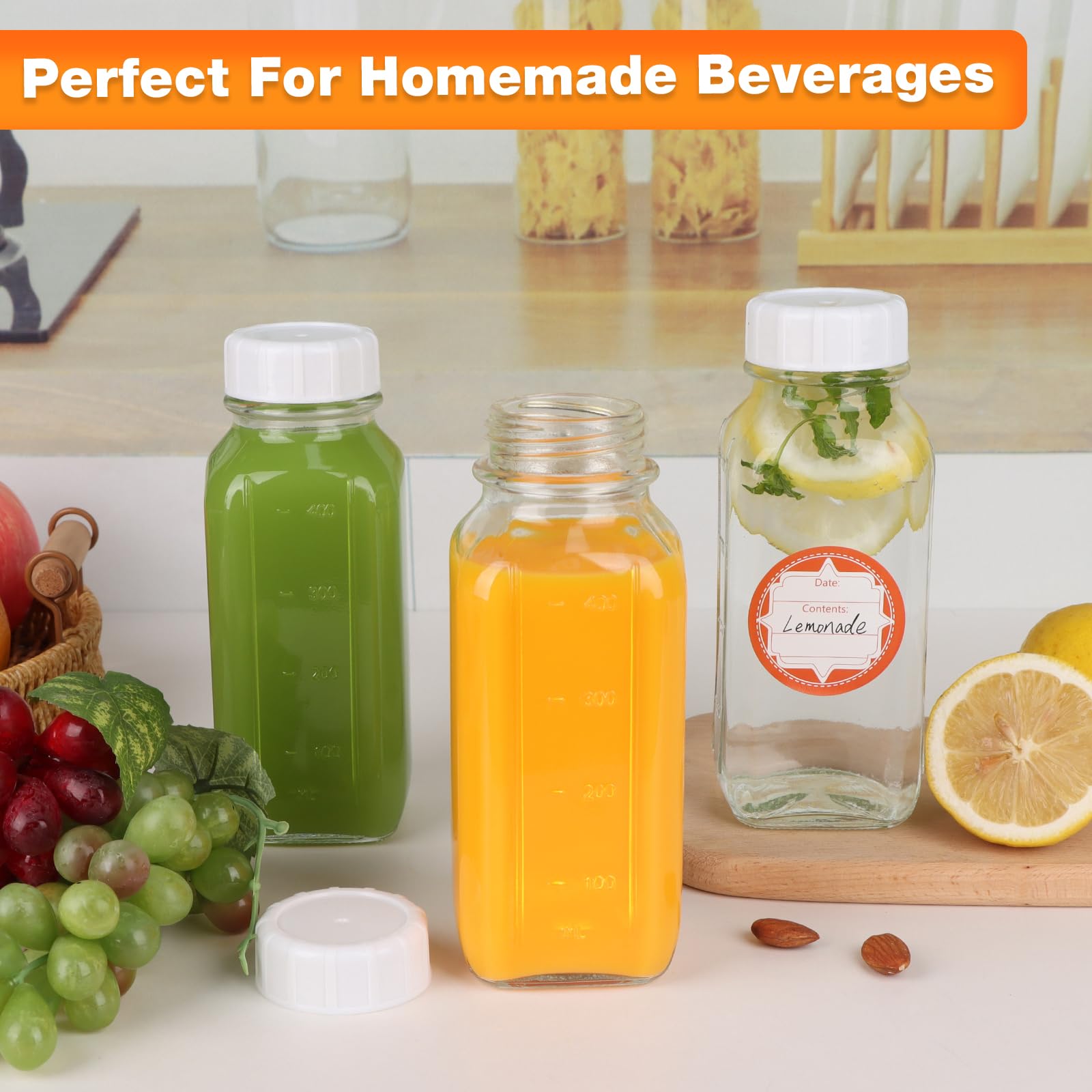 HINGWAH 4 Pack 16 OZ Glass Milk Bottles with Lids & Scale & Silicone Pour Spout, Reusable Square Water Bottles for Juice, Milk, Smoothies