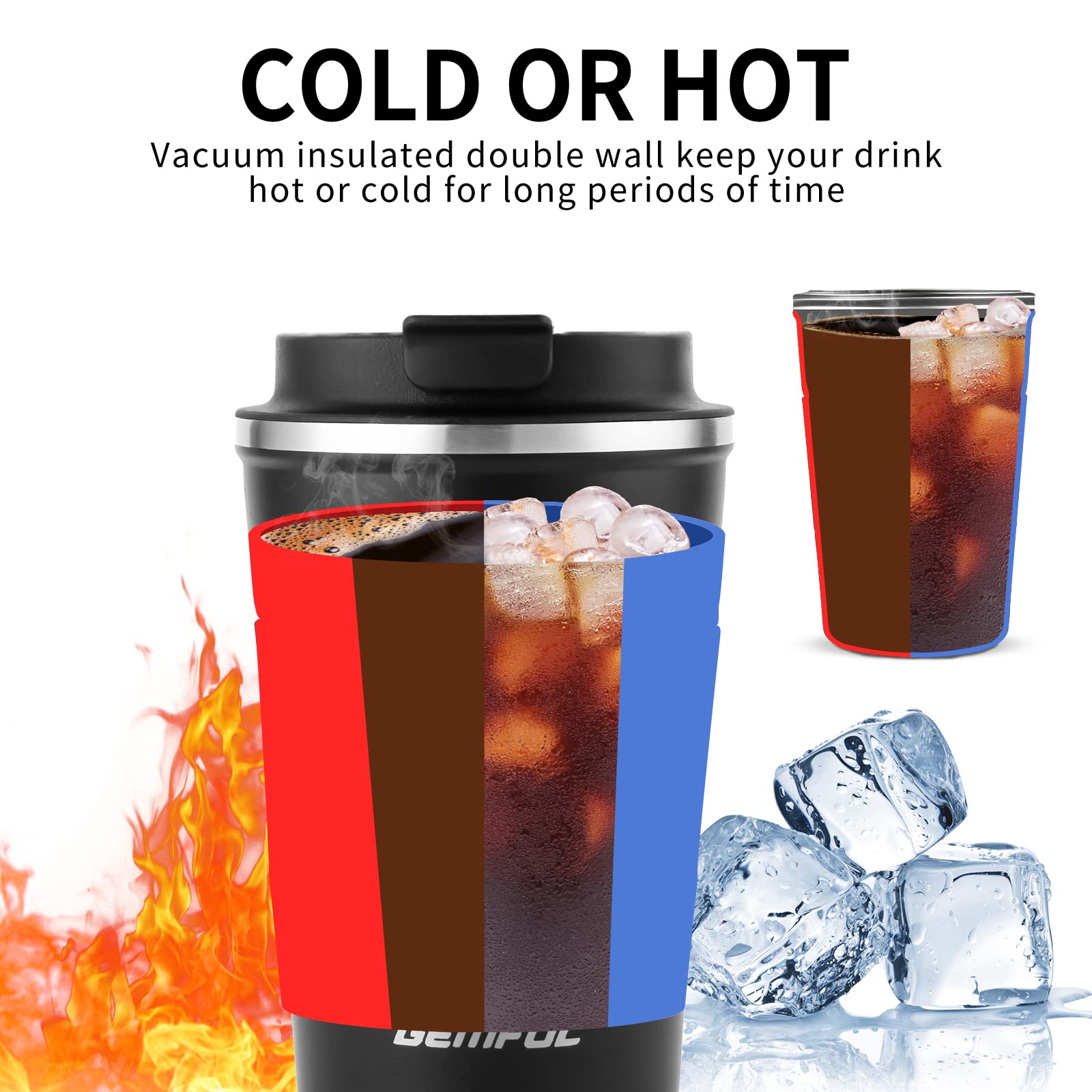GEMFUL Set of 2 380ml Insulated Travel Mugs Leak Proof Stainless Steel Coffee Tumblers Double Wall Vacuum Coffee Cups to Go for Hot Cold Drinks Office Car Commute 13oz (Black+White)