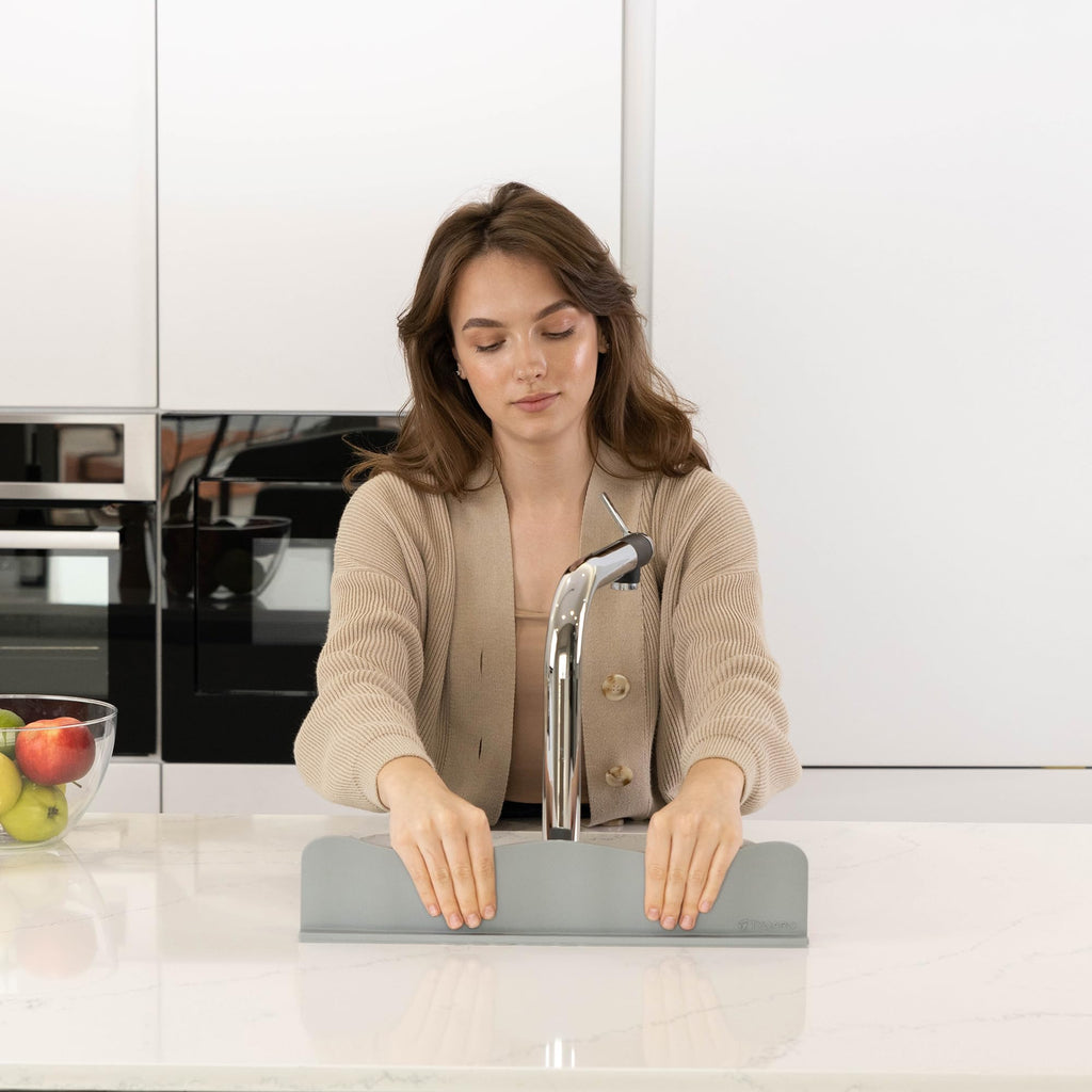 TYOARO Silicone Sink Splash Guard - Water Splash Guard for Kitchen, Island and Bathroom - Secure Non-Slip Suction Cup Base - Dishwasher Safe, Gray (17.4 x 1.7 x 3.6")