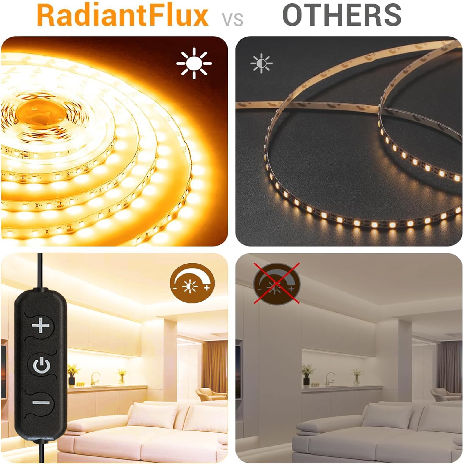 RadiantFlux Warm White Led Strip Lights for Bedroom, 16.4ft 300Leds, Dimmable,Flexible, Super Bright LED Tape Lights for Living Room, Kitchen, Vanity Mirro （Indoor Use）