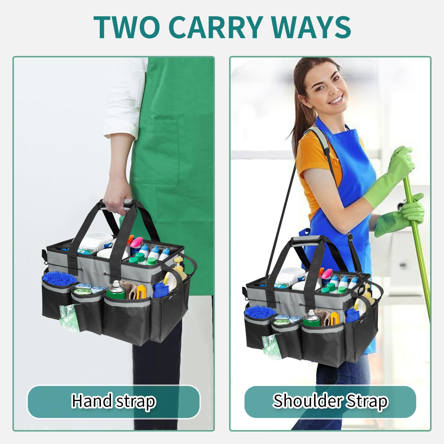 BOHEMIABY Cleaning Bags for Housekeepers, Large Cleaning Supplies Organizer with Handles & Shoulder Strap, Caddy Bag with Foldable Divider for Cleaners, Car Horse Bag (Grey)