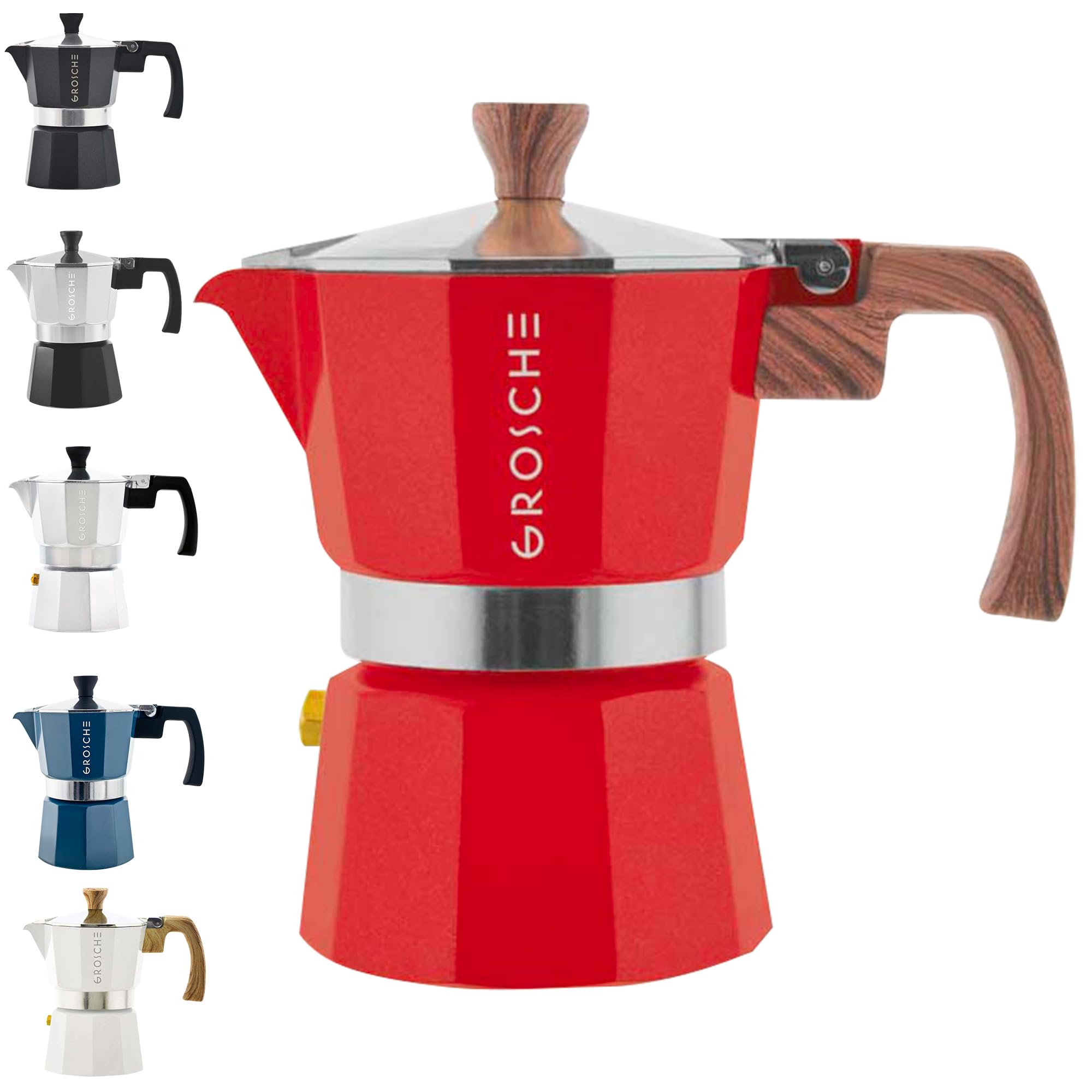 GROSCHE Milano Stovetop Espresso Maker Moka Pot 3 Espresso Cup - 5oz, Red - Cuban Coffee Maker Stove top Coffee Maker Moka Italian Espresso greca Coffee Maker Brewer Percolator