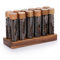 JuxYes Single Dose Coffee Bean Storage Tubes, 12pcs Coffee Bean Cellars with Lid, 2 oz Glass Espresso Bean Container with Wooden Holder Stand, Sealed Dosing Glass Vials for Tea, Candies, Spices