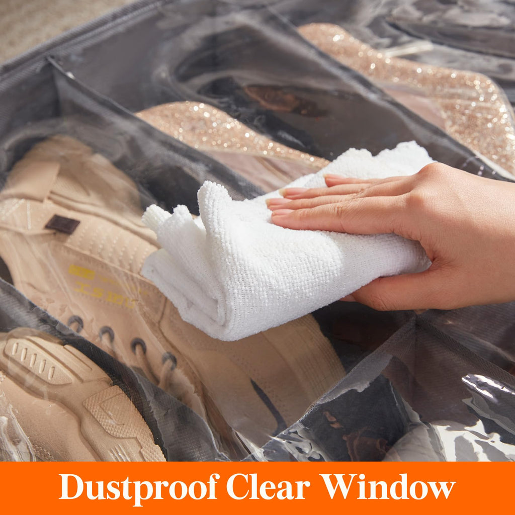 Lifewit Under Bed Shoe Storage Organizer for Closet, Underbed Storage Container Box with Clear Cover See Through Window Fabric Storage Bins with 2 Handles Total Fits 24 Pairs of Shoes, 2 Pack, Grey