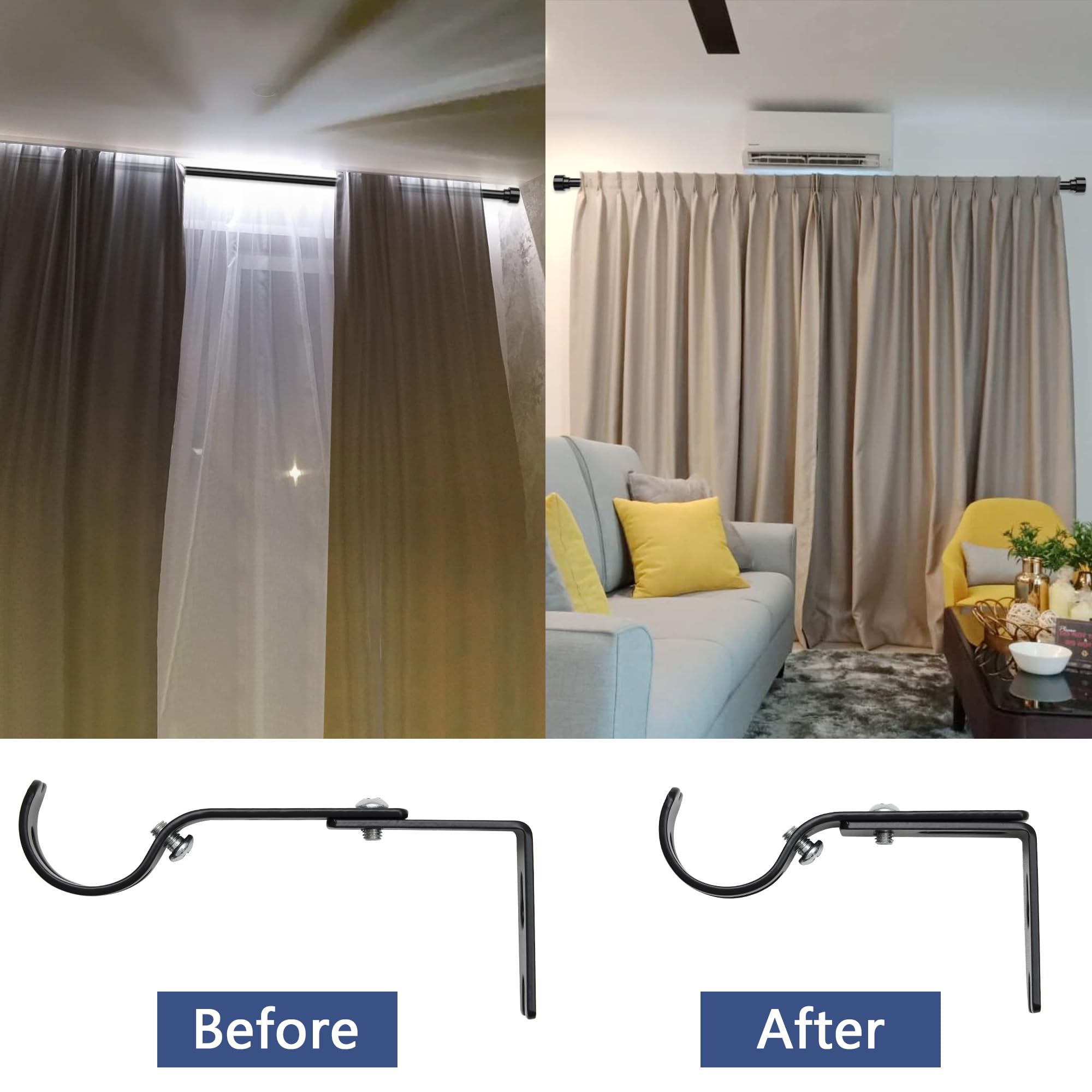 CALCHELE Black Curtain Rods - 1 Inch Heavy Duty Window Curtains Rods for 28-62 Inch - Farmhouse Curtain Rods for Cafe, Valance, Door, Bedroom, Drapery, Bathroom