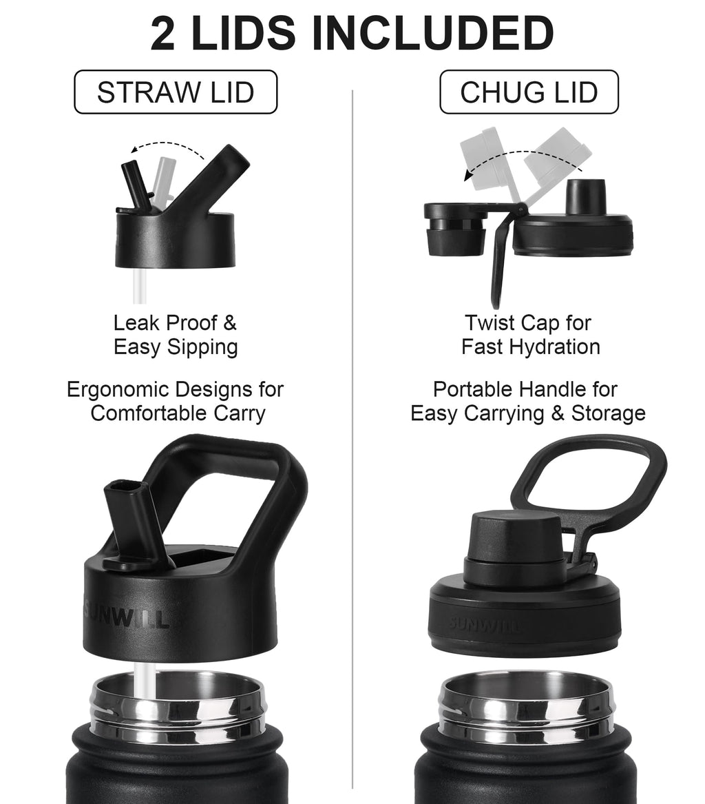 SUNWILL Metal Water Bottle with Straw 22 oz, Stainless Steel Insulated Flask for Cold and Hot Drink, Travel, Sports, Gym, Powder Coated Black