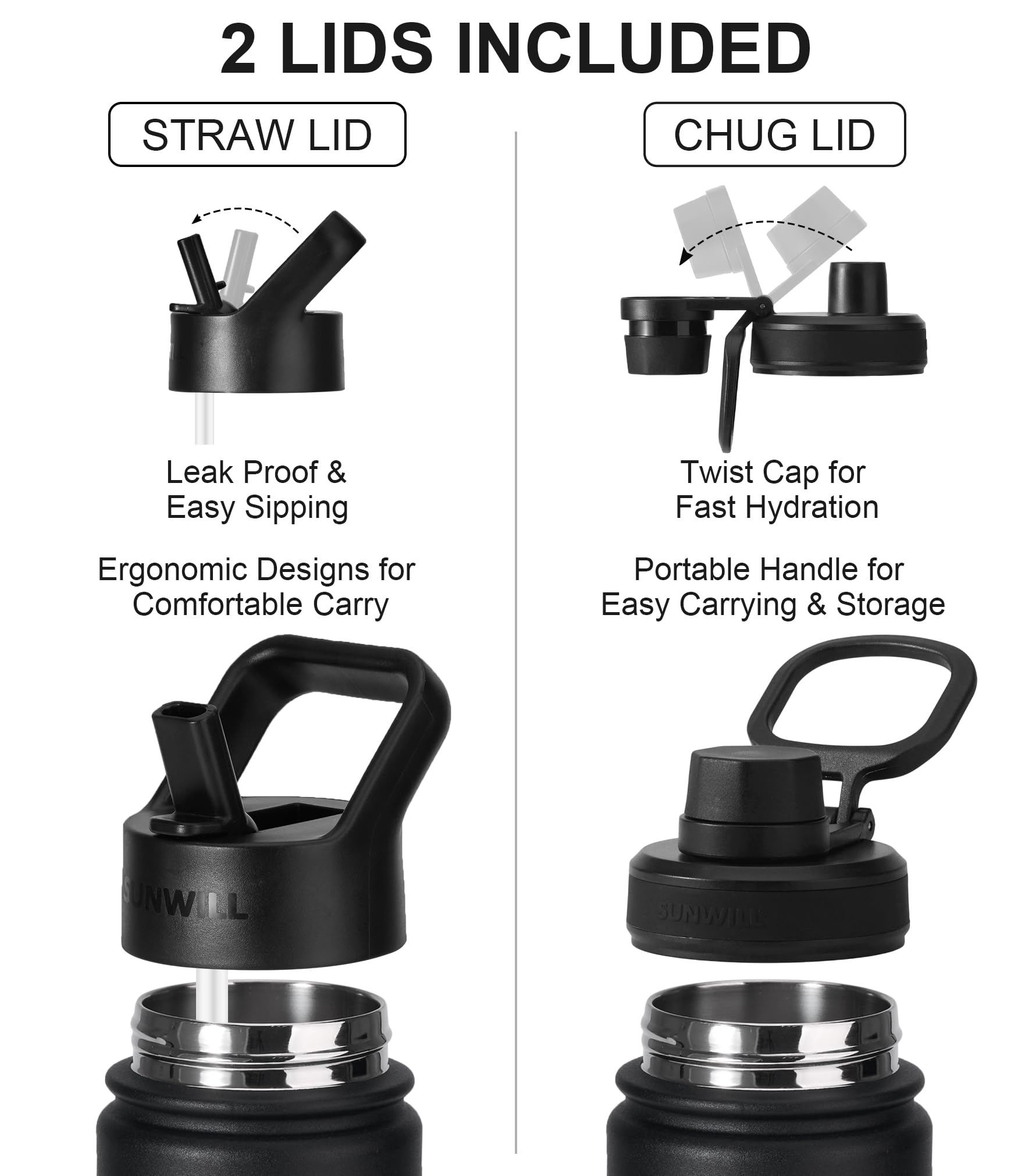 SUNWILL Metal Water Bottle with Straw 22 oz, Stainless Steel Insulated Flask for Cold and Hot Drink, Travel, Sports, Gym, Powder Coated Black