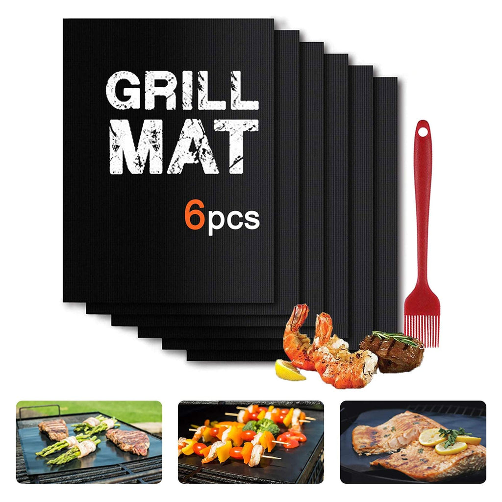 BBQ Grill Mat Set of (6+1) - Non Stick Oven Liner Teflon Cooking Mats - Perfect for Baking on Gas, Charcoal, Oven and Electric Grills - Reusable, Durable, Heat Resistant Barbecue Sheets for Grilling