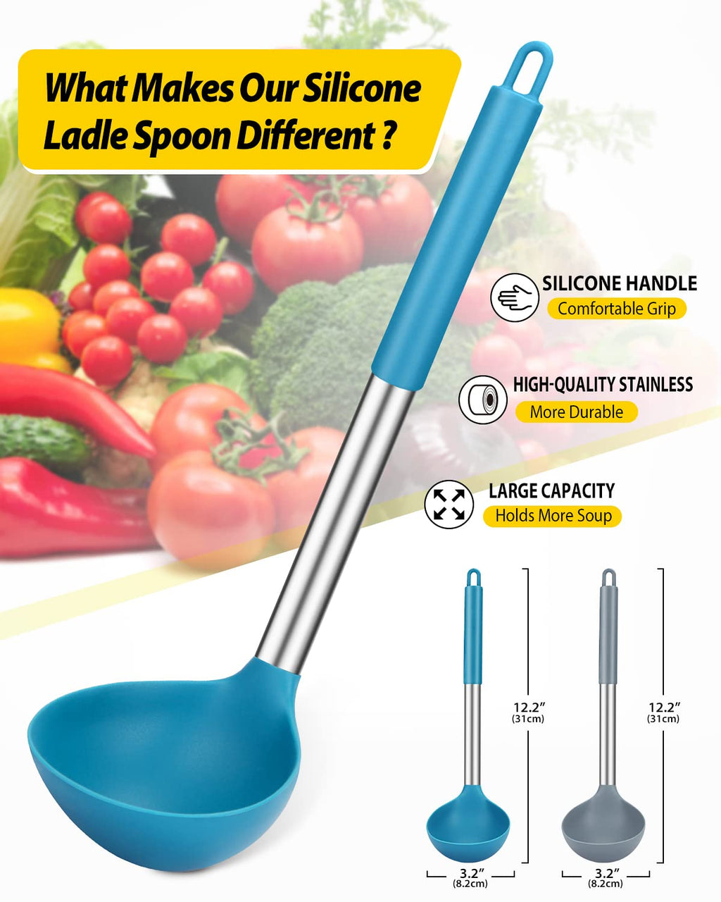 Ladle Spoon Set of 2 Silicone Large Spoon for Soup Non Stick Kitchen Utensils with High Heat Resistant BPA Free Perfect Kitchen Tools for Cooking Stirring Serving Soups (Gray-Blue)