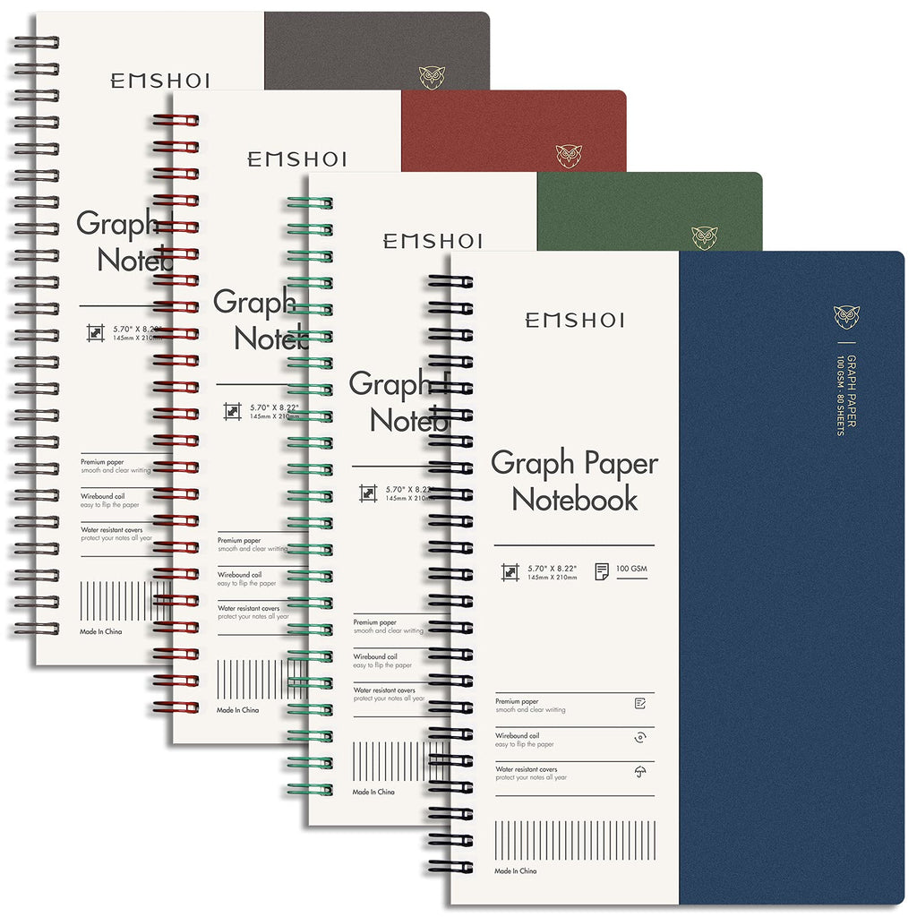 EMSHOI Graph Paper Spiral Notebook, 4 Pack 640 Pages 100 GSM Thick Grid Paper, A5 Graph Notebook, Plastic Hardcover Journals for Writing Engineering Graphing Work School Supplies, 5.7" x 8.22"