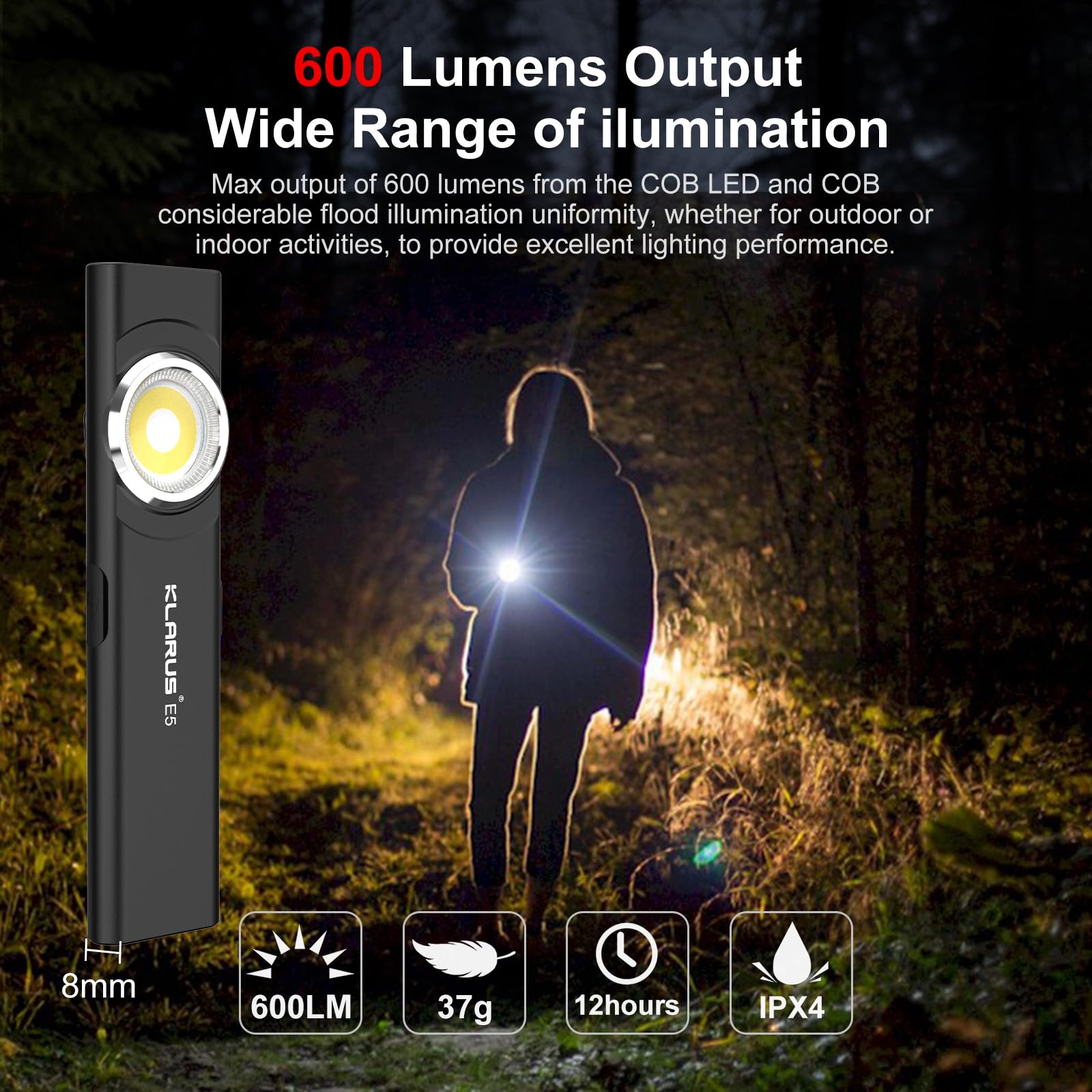 KLARUS E5 Pocket Flashlight, Rechargeable EDC Flashlight, Super Slim 4.2x1x0.3inch, 600 Lumens, USB-C Port, IPX4, Dual Light Source with Magnetic Base, Hat & Clothes Clip - Black