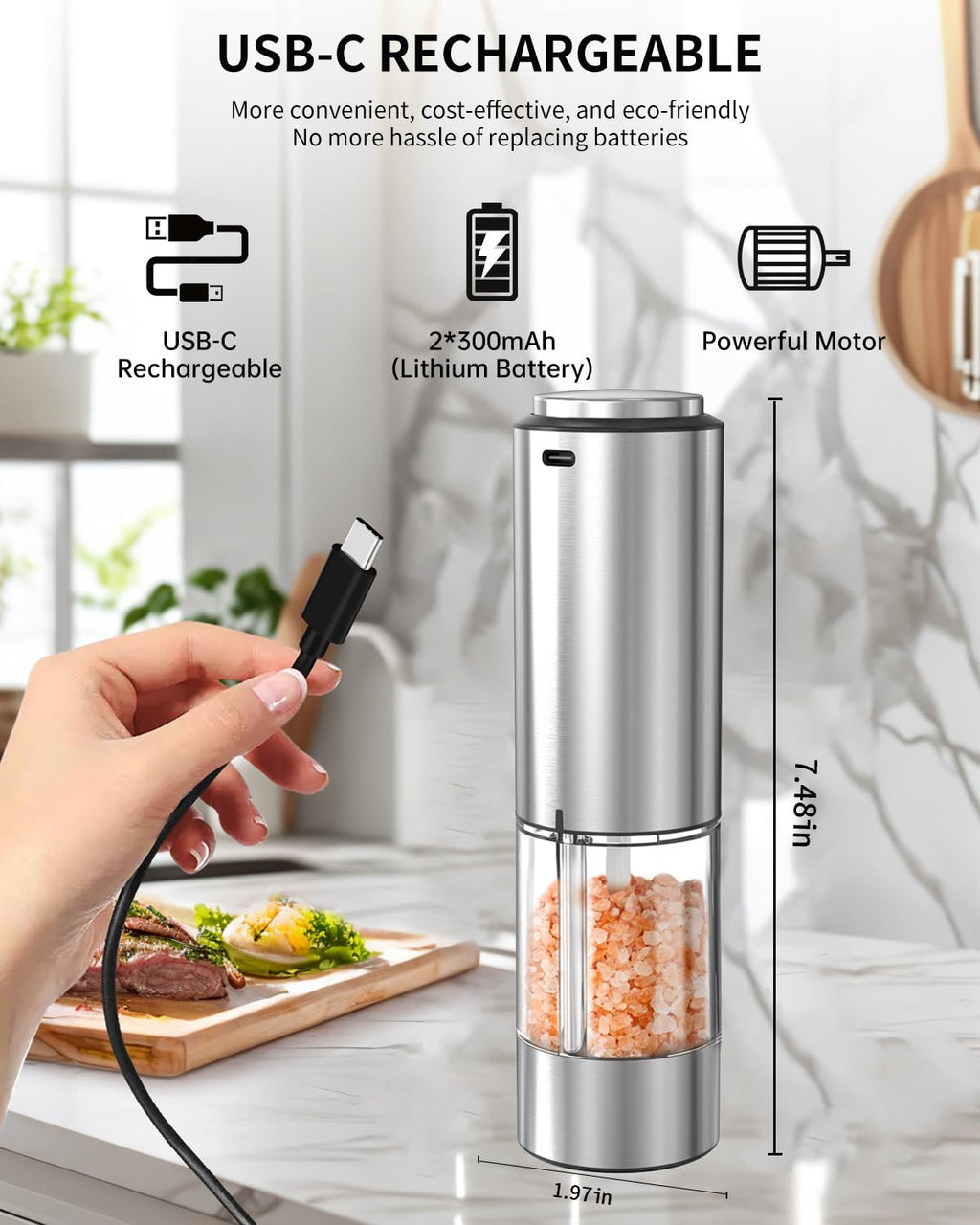 CIRCLE JOY Electric Pepper Grinder Stainless Steel Rechargeable Pepper Mill Grinder with External Adjustable Coarseness, White LED Light, USB Cable