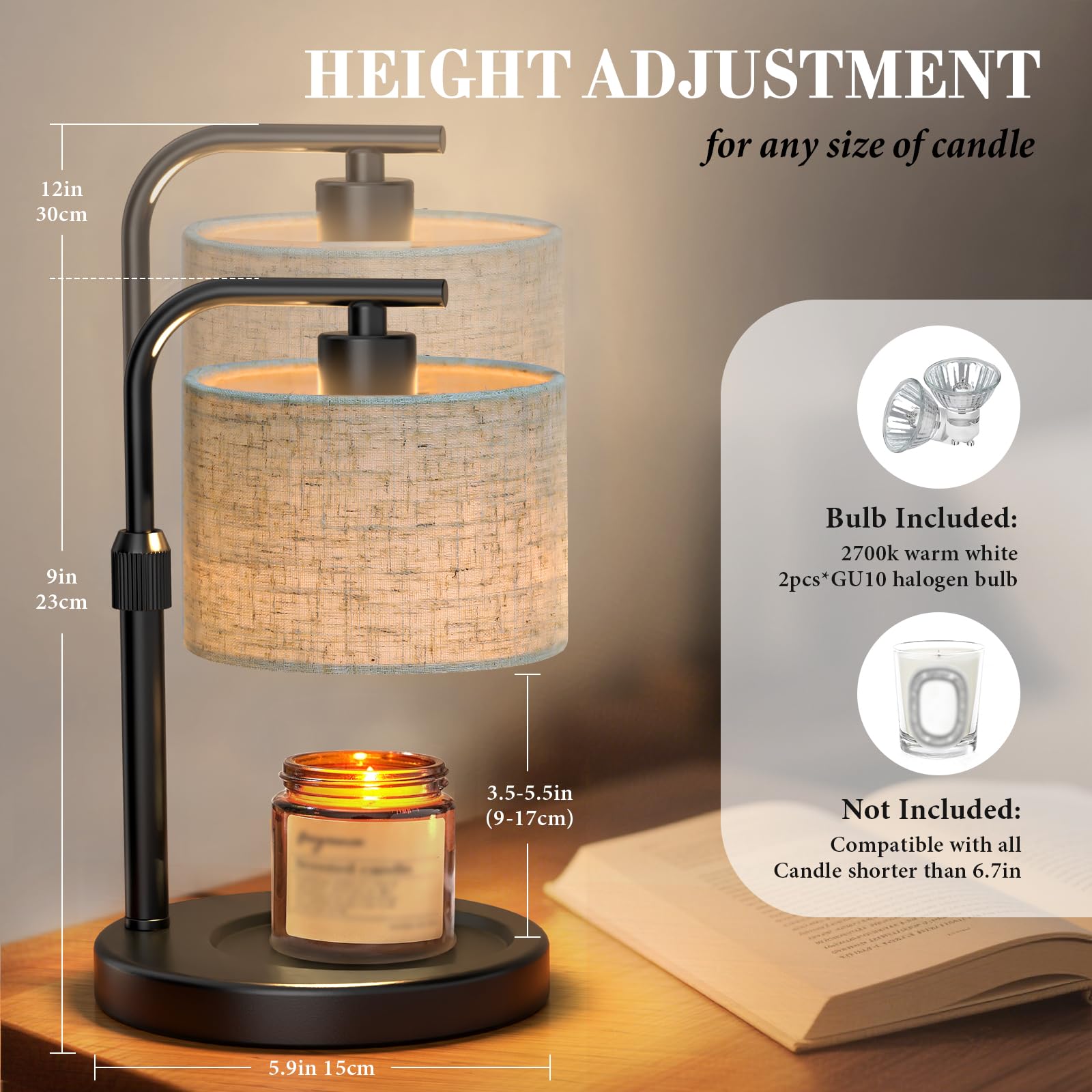 Spclsim Black Candle Warmer Lamp with Timer Dimmer, Adjustable Height Electric Candle Warmer Wax Heater with 2 Bulbs, Birthday Gifts for Mom Women Her, House Warming Gifts New Home