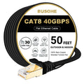 Cat 8 Ethernet Cable 50 FT, BUSOHE 40Gbps 2000MHz Cat8 High Speed Flat Internet Network Patch Cord, SFTP Shielded LAN Wire with Gold Plated RJ45 Connector, with Clips, for Outdoor Indoor- 50FT Black