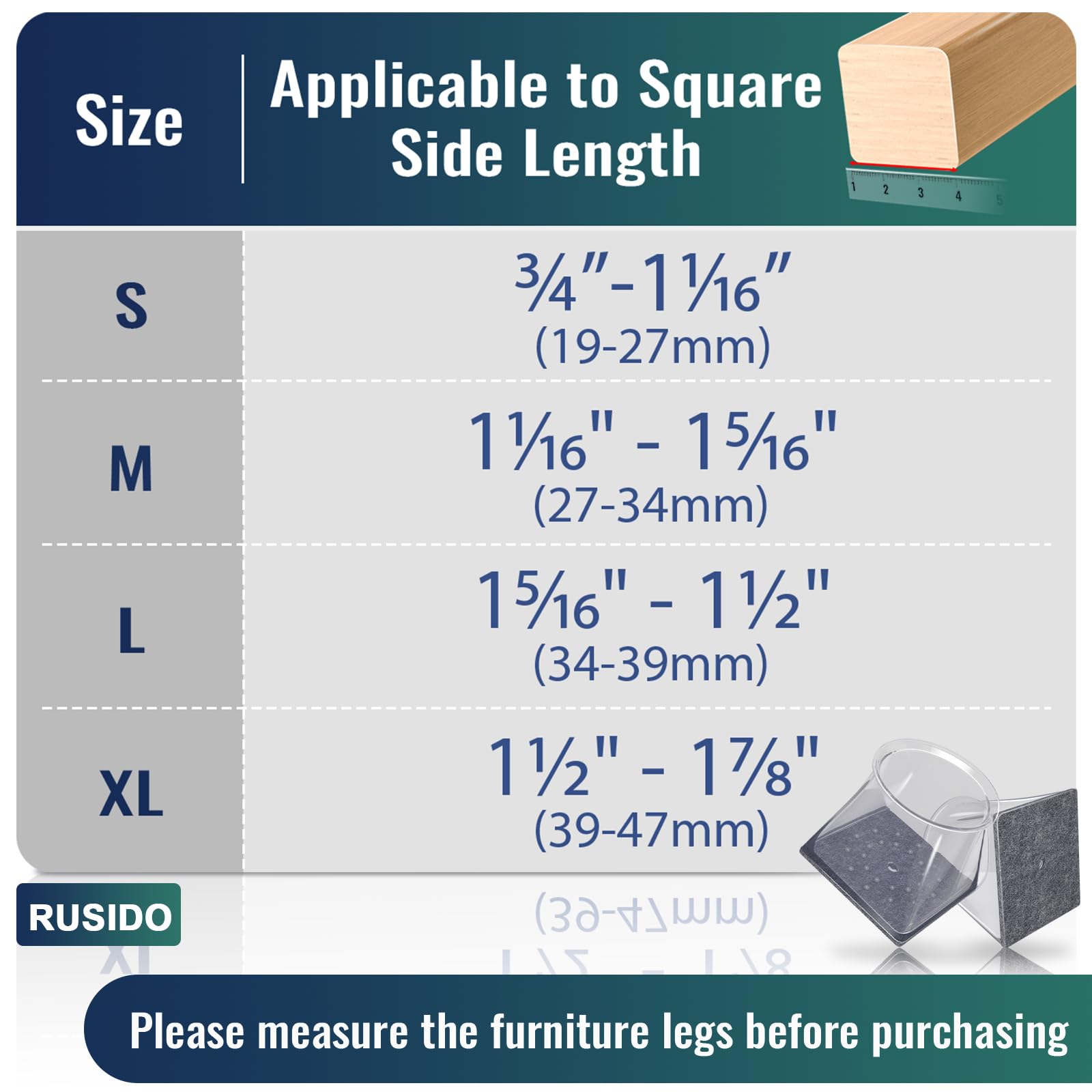 24 PCS Chair Leg Floor Protectors Square, Silicone Chair Leg Covers Furniture Felt Pads for Hardwood Floors, Protect The Floor from Scratches, Reduce Noise(Fit: 1-1/16" to 1-5/16"