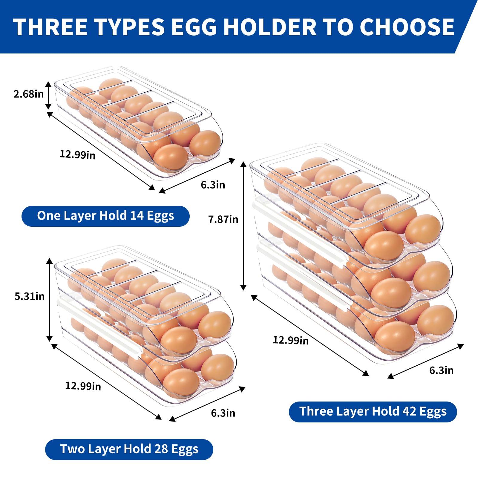 MesRosa Egg Holder for Fridge, Automatic Rolling Egg Organizer for Refrigerator, Clear Plastic Egg Container & Tray, Stackable Dispenser and Storage Bin with Sturdy Lid to Saving Space -2 Layer
