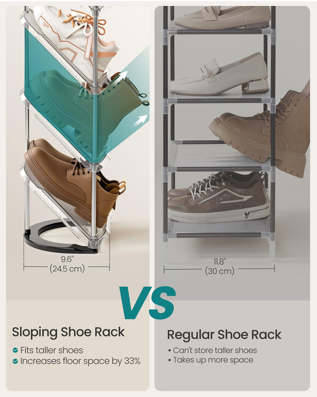 SONGMICS 5-Tier Slim Sloping Shoe Rack, Plastic Shoe Organiser, 24.5 x 28.4 x 102.5 cm, Customizable, Easy Assembly, Space Saving, for Small Spaces, Hallway, Closet, Gray ULPC049GZ01