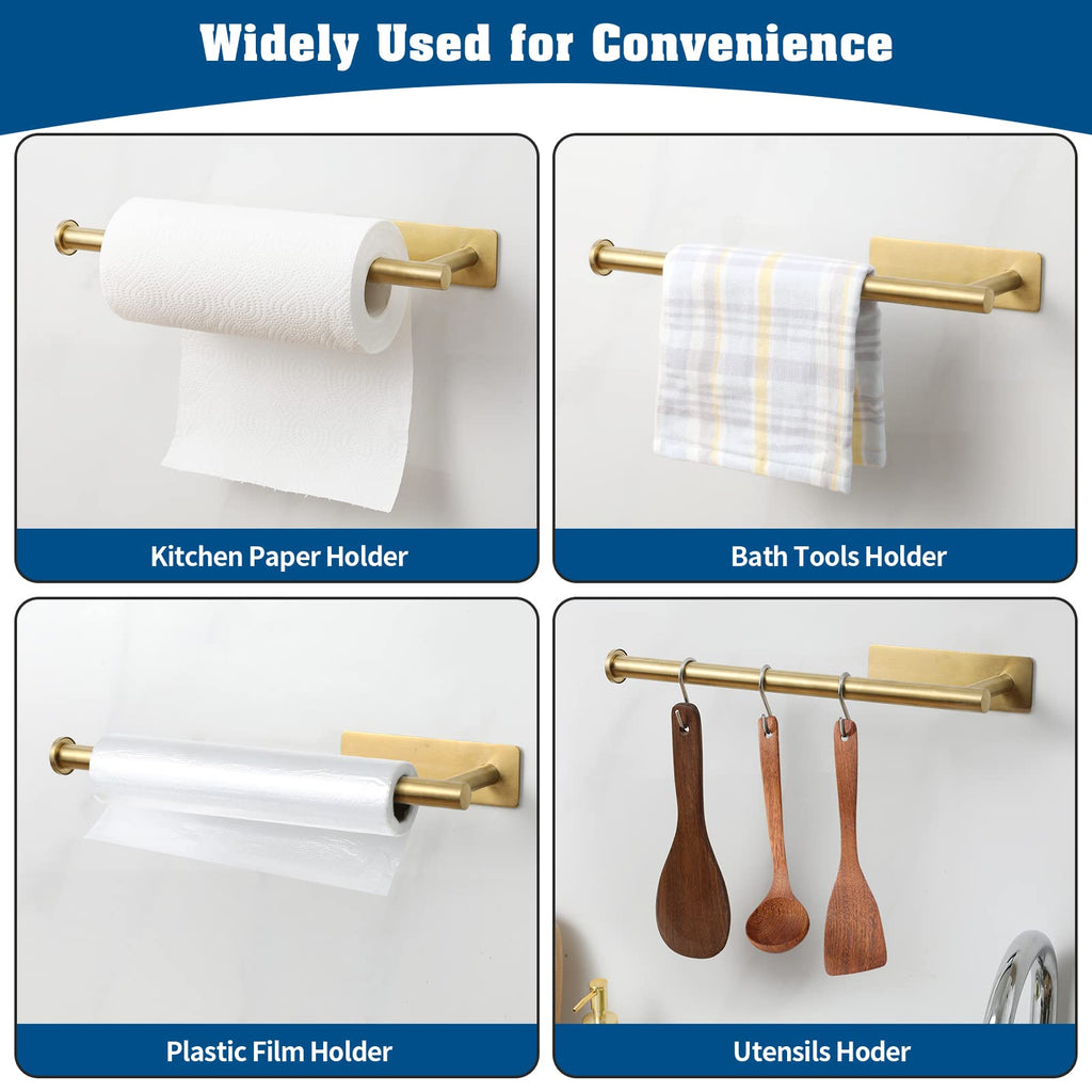 theaoo Gold Paper Towel Holder - Under Cabinet Paper Towel Holder for Kitchen, Adhesive Paper Towel Roll Rack for Bathroom Towel, Wall Mounted Matte Black Paper Towel Rack, SUS304 Stainless Steel