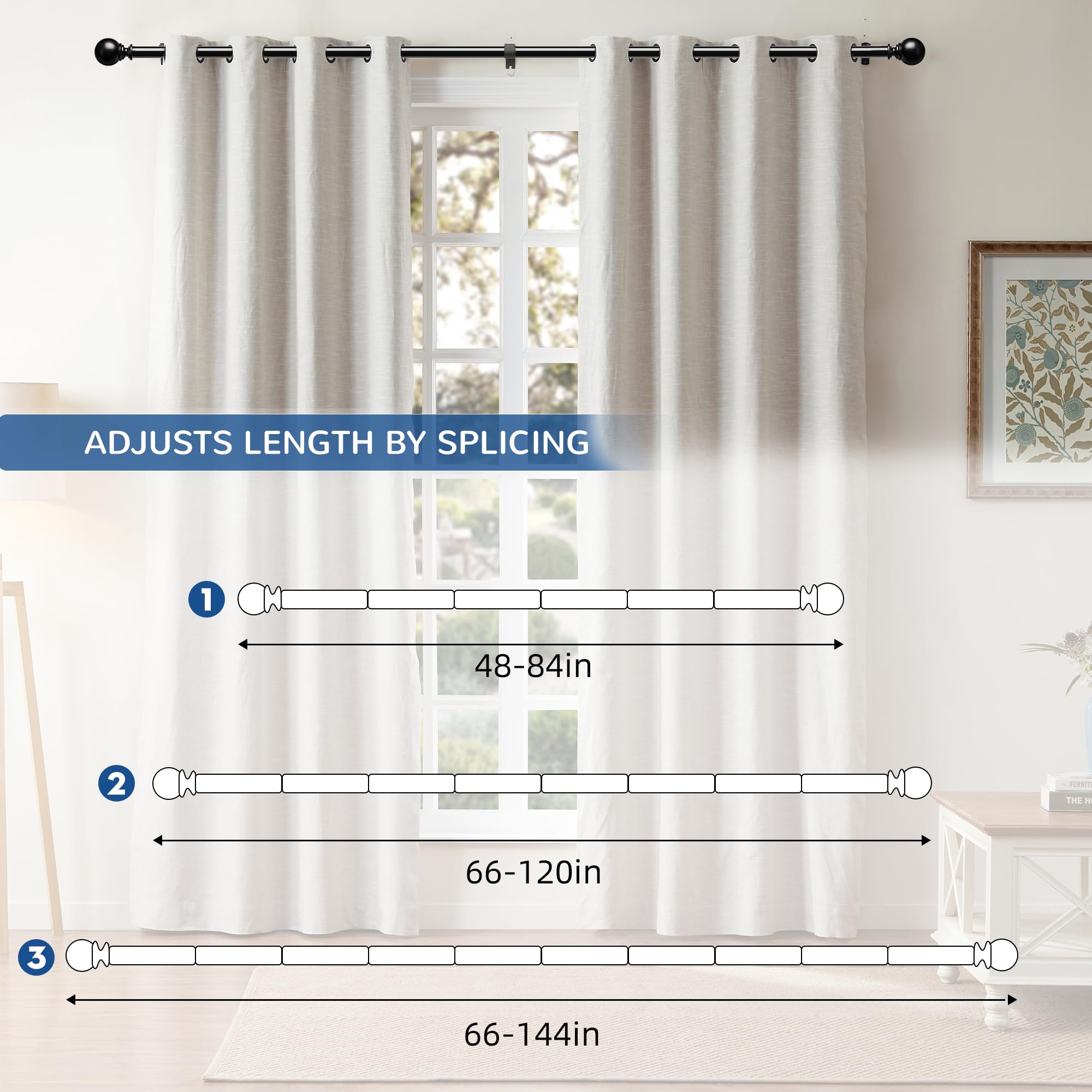 Black Curtain Rod for Windows 66 to 120 inch, Adjustable 1 inch Diameter Heavy Duty Long Curtain Rods with 3 Brackets for Bedroom, Sliding Glass Doors, Outdoor, Patio (168-305 cm)