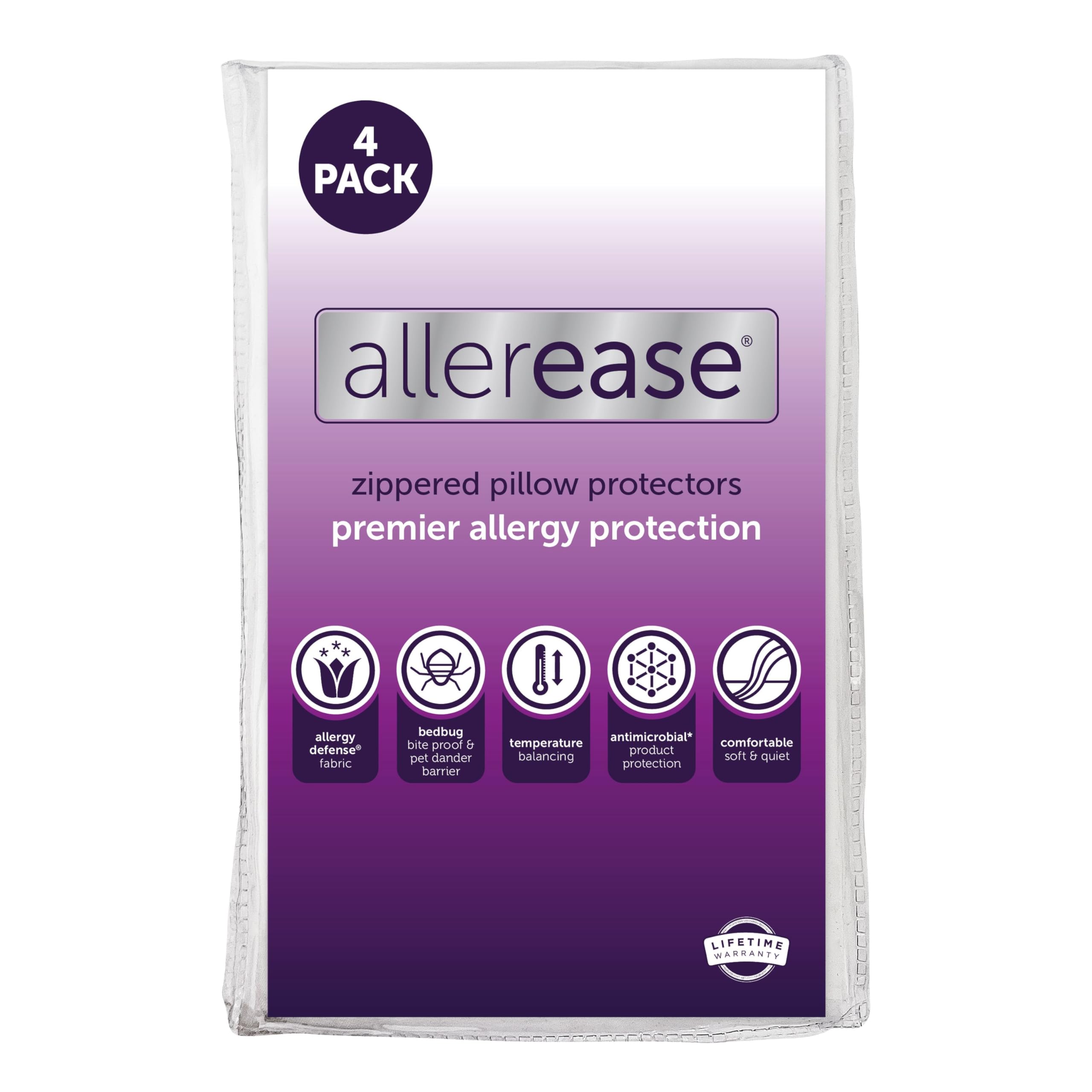 Set of 4 Standard/Queen AllerEase Pillow Protectors - Temperature Balancing, Allergist Recommended - Premium Breathable, Zippered Protectors