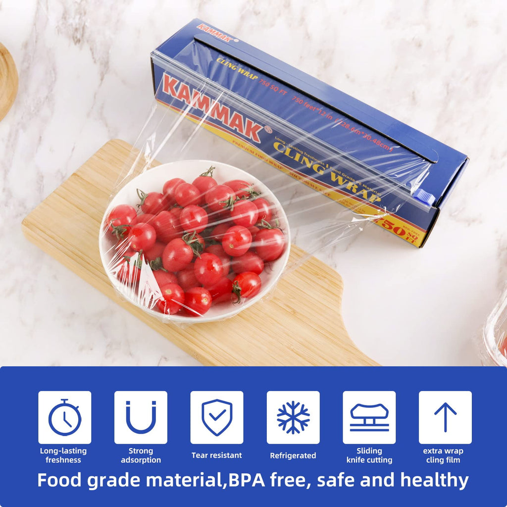 KAMMAK Cling Wrap Plastic Wrap Dispenser for Food with Slide Cutter (12 in*750 SQ FT)