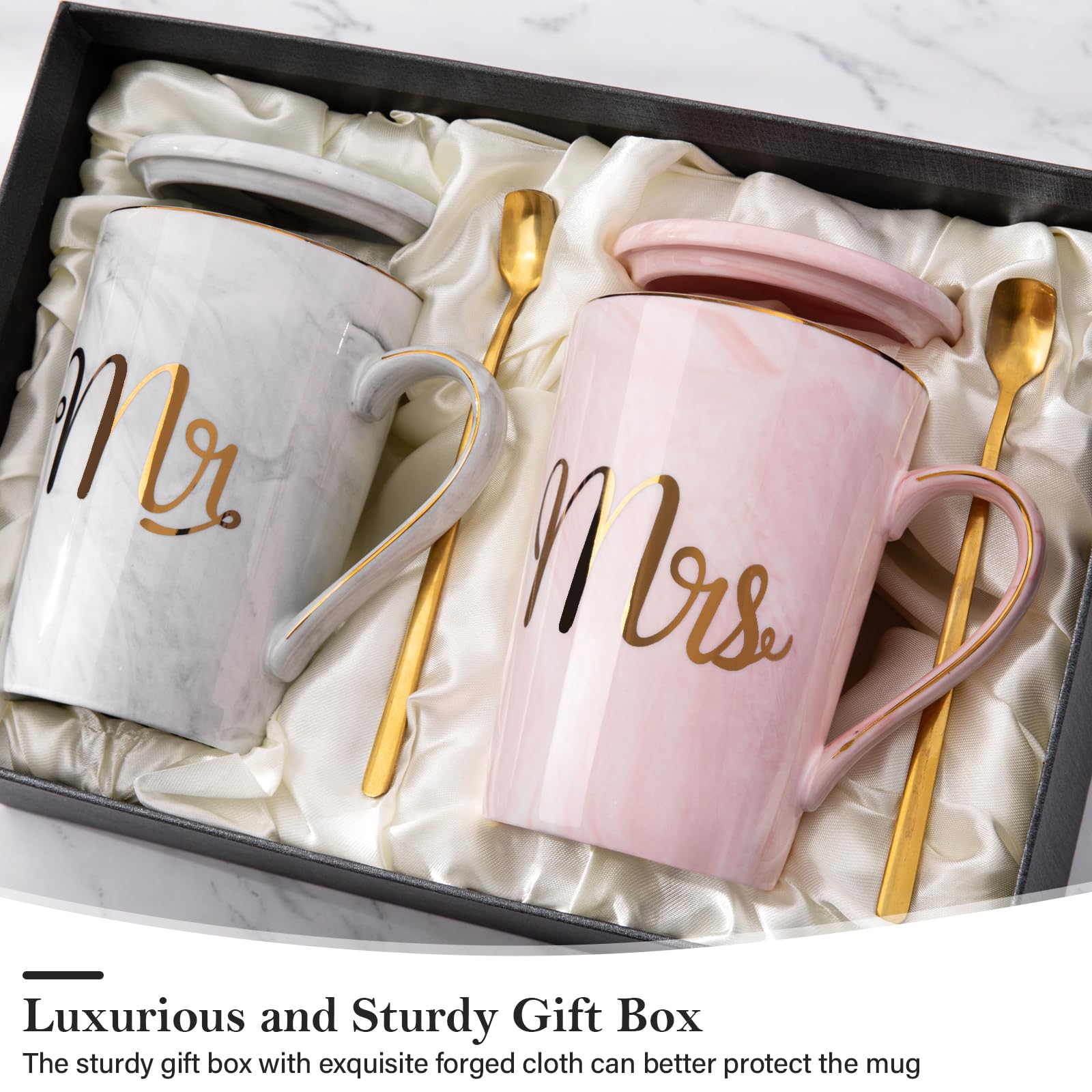 Mr and Mrs Coffee Mug - Wedding Present for Bride and Groom - Bridal Shower Engagement - Married Couples Marble Ceramic Coffee Cups 14oz