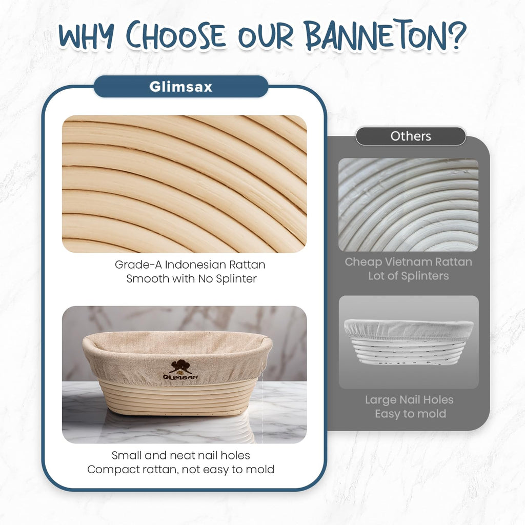 Glimsax Banneton Proofing Basket Set of 2, 9" Round & 10" Oval for Sourdough Baking, Bread Making Accessories and Tools Starter Kit, Gifts for Beginner and Professional Bakers