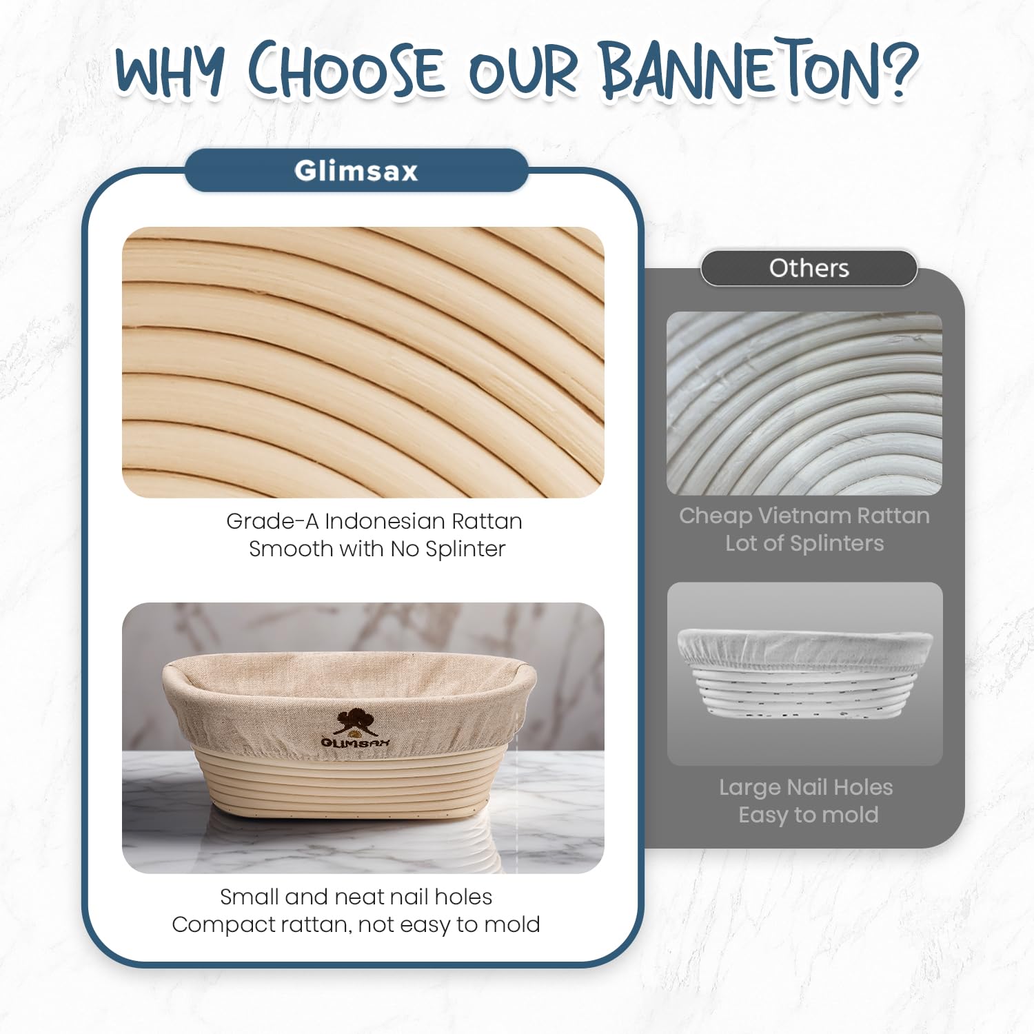 Glimsax Banneton Proofing Basket Set of 2, 9" Round & 10" Oval for Sourdough Baking, Bread Making Accessories and Tools Starter Kit, Gifts for Beginner and Professional Bakers