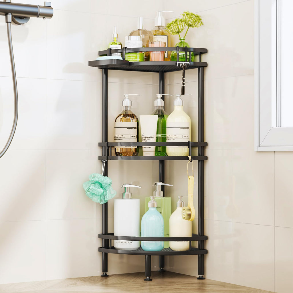 HapiRm Standing Shower Caddy Corner - 3 Tier Corner Shower Shelves with Soap Holder and 4 Hooks, Rustproof Shower Organizer Corner with Adhesives, Black